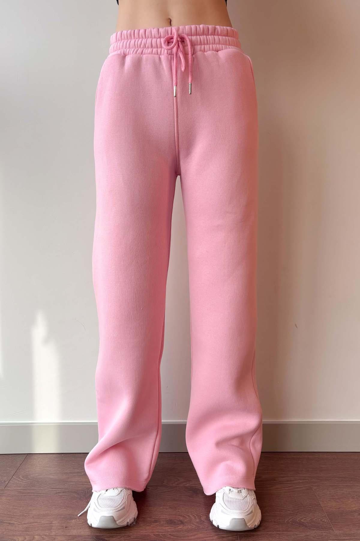 Pembe Beli Lastikli Üç İplik İçi Polarlı Geniş Kesim Palazzo Eşofman Altı