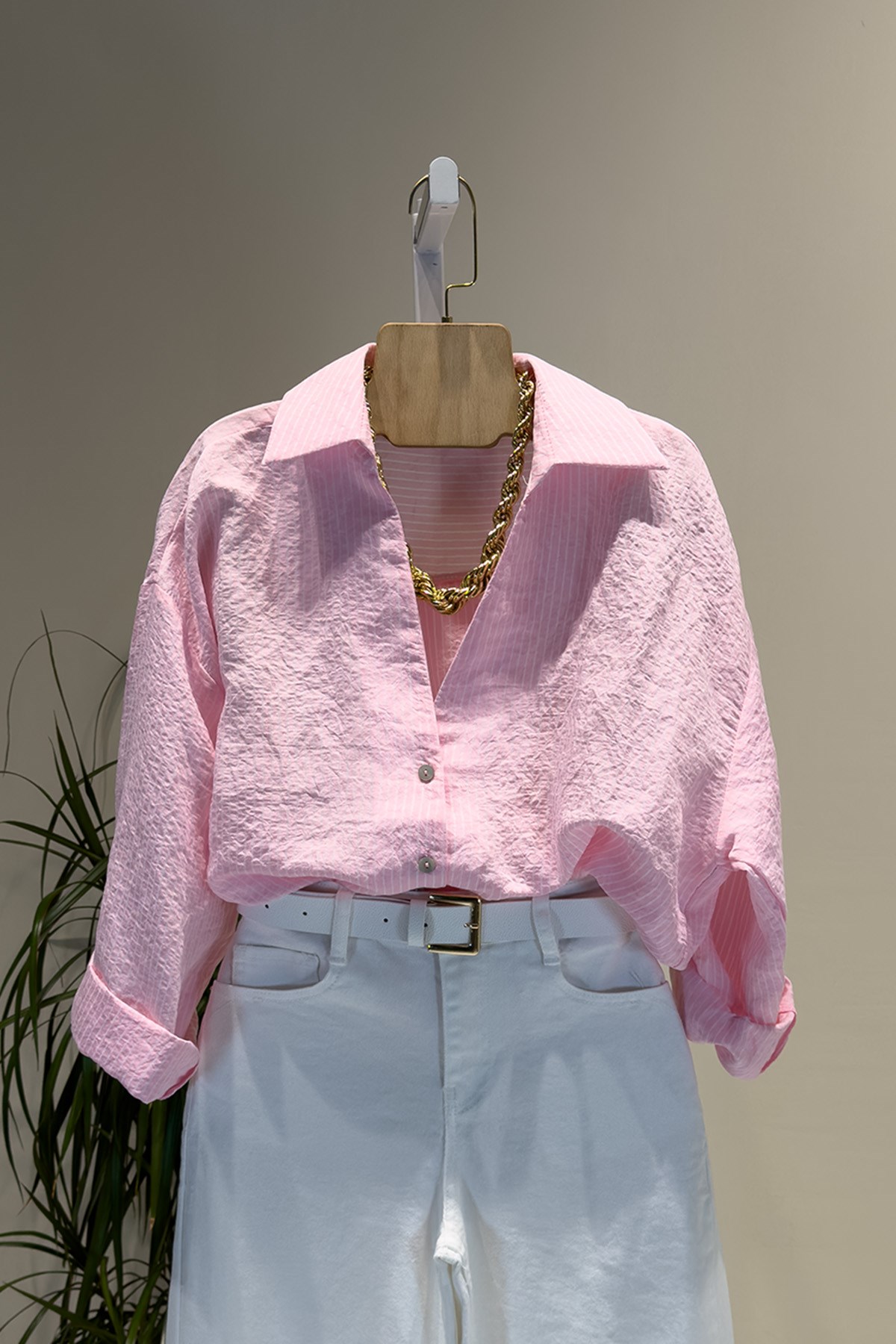 Pembe Beyaz Çizgili Oversize Gömlek