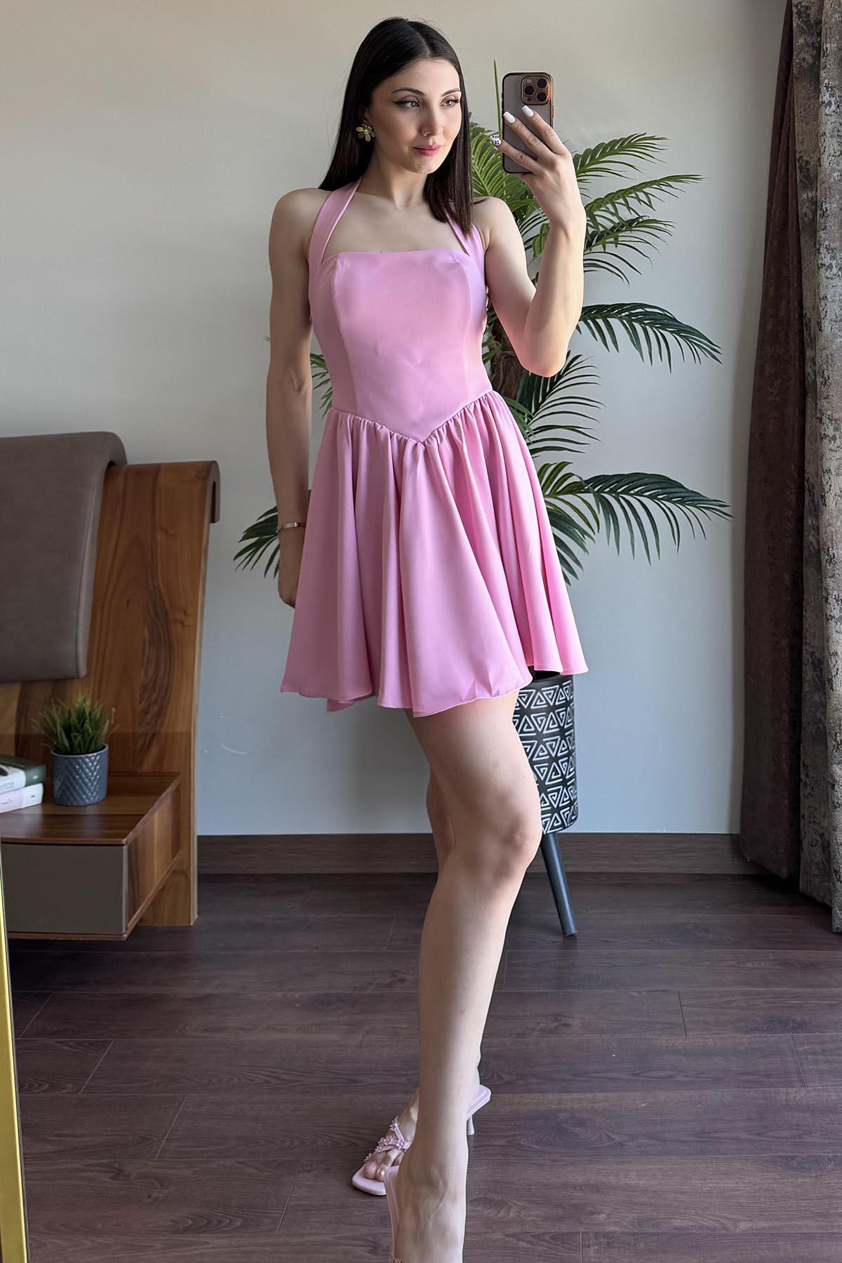 Pembe Boyundan Bağlamalı Altı Salaş Elbise
