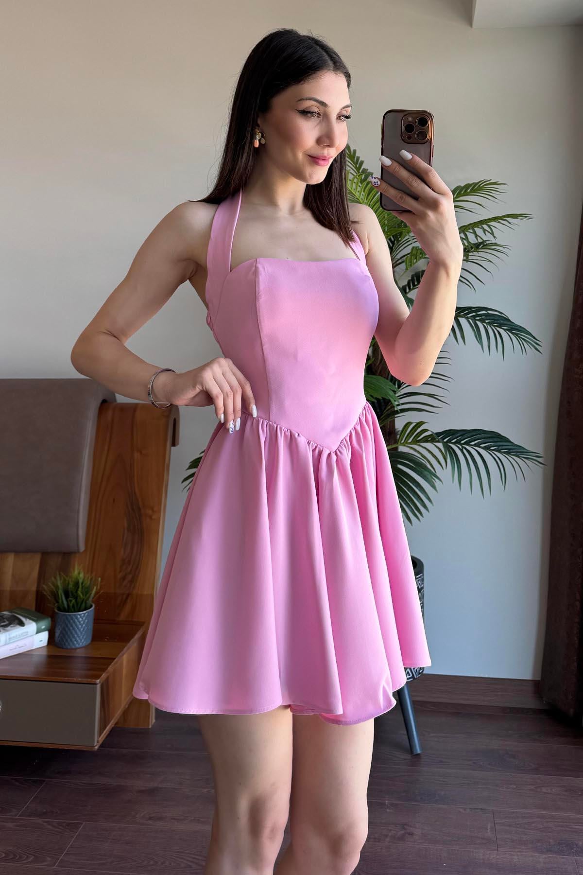 Pembe Boyundan Bağlamalı Altı Salaş Elbise