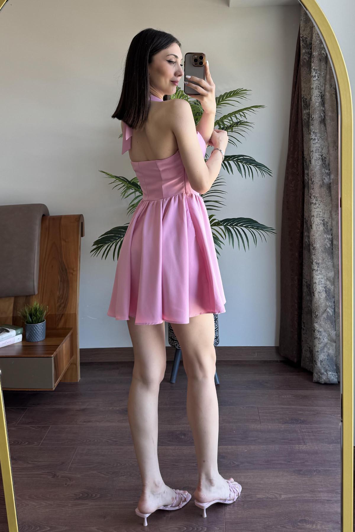 Pembe Boyundan Bağlamalı Altı Salaş Elbise