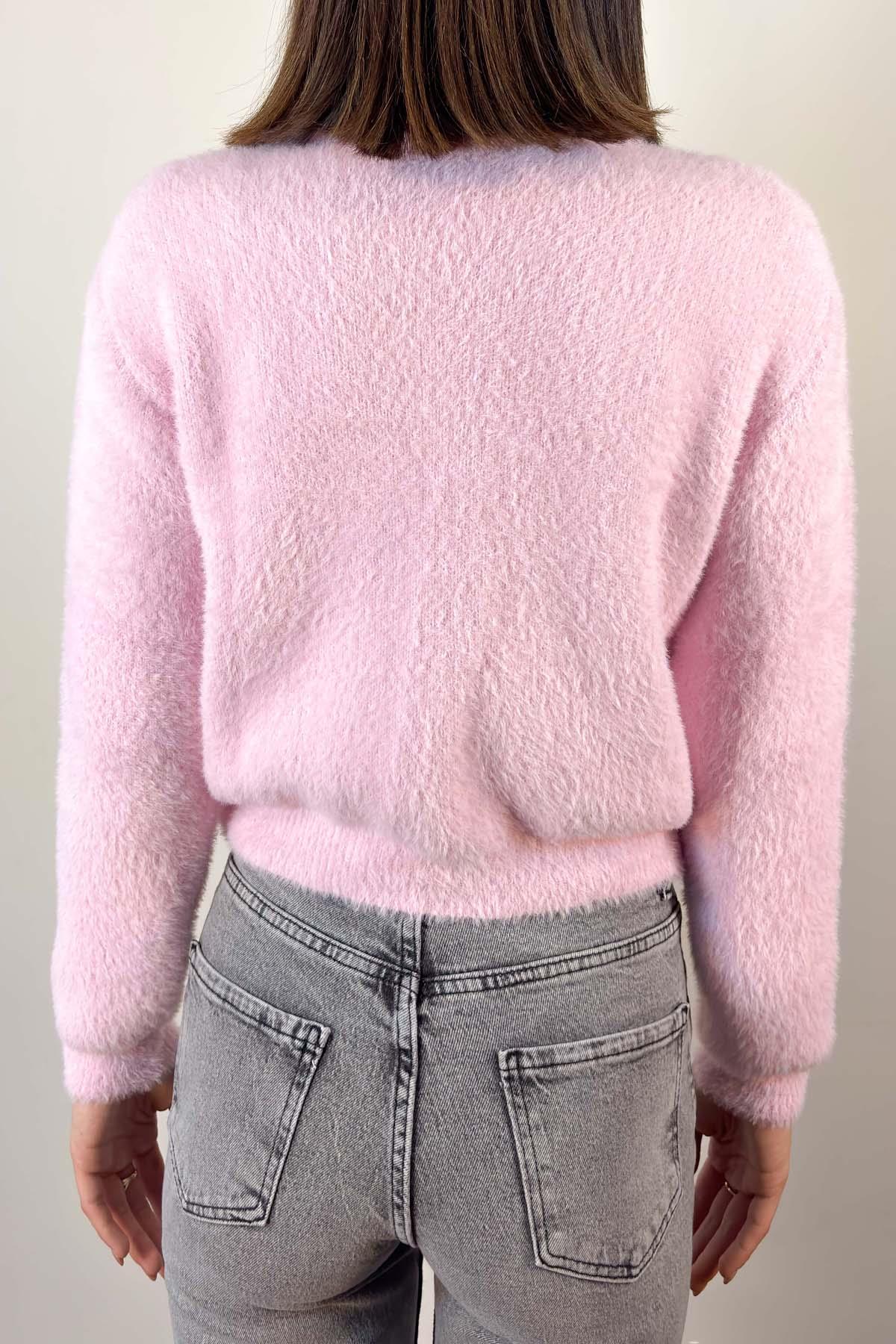 Pembe Çiçek Düğmeli Triko Hırka
