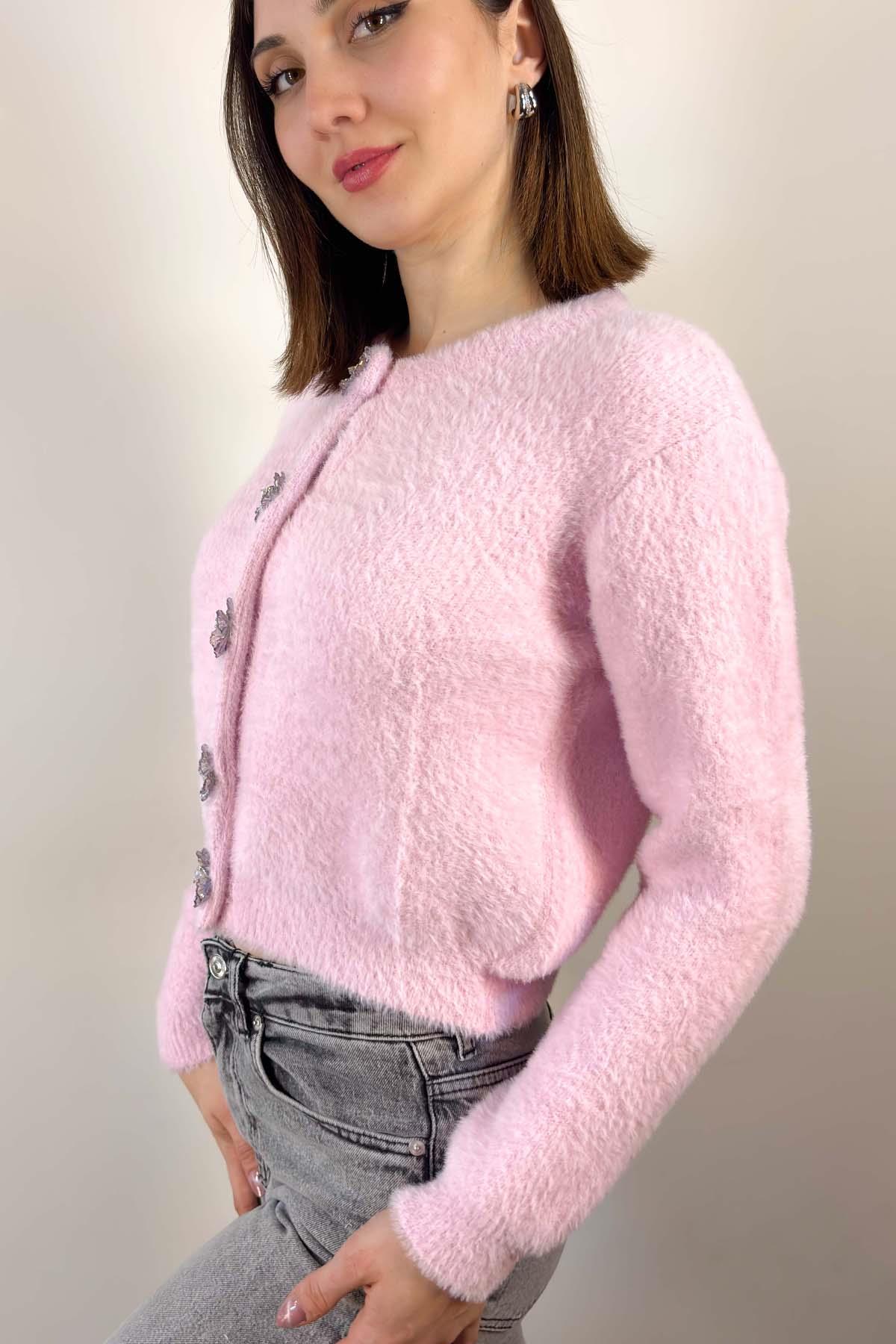 Pembe Çiçek Düğmeli Triko Hırka
