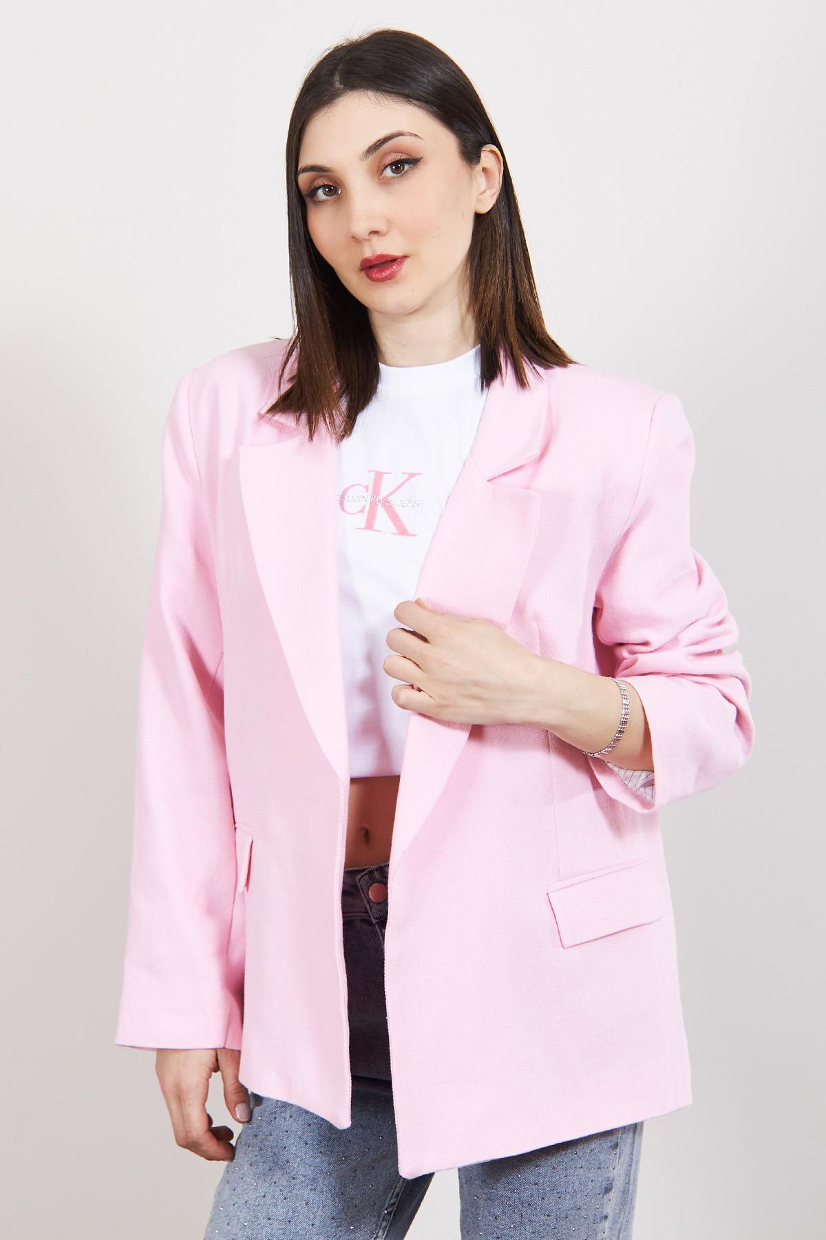 Pembe Çizgili Astarlı Keten Ceket
