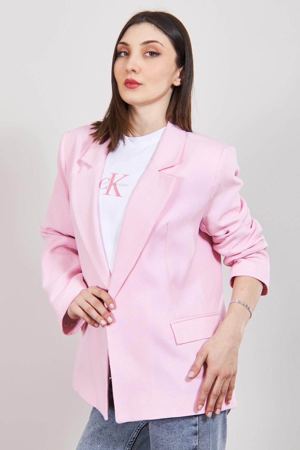 Pembe Çizgili Astarlı Keten Ceket