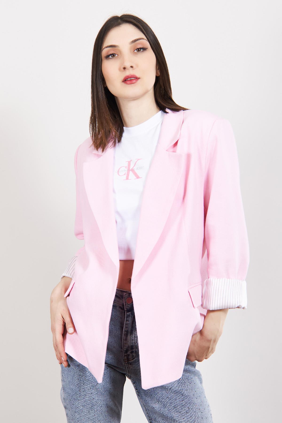 Pembe Çizgili Astarlı Keten Ceket