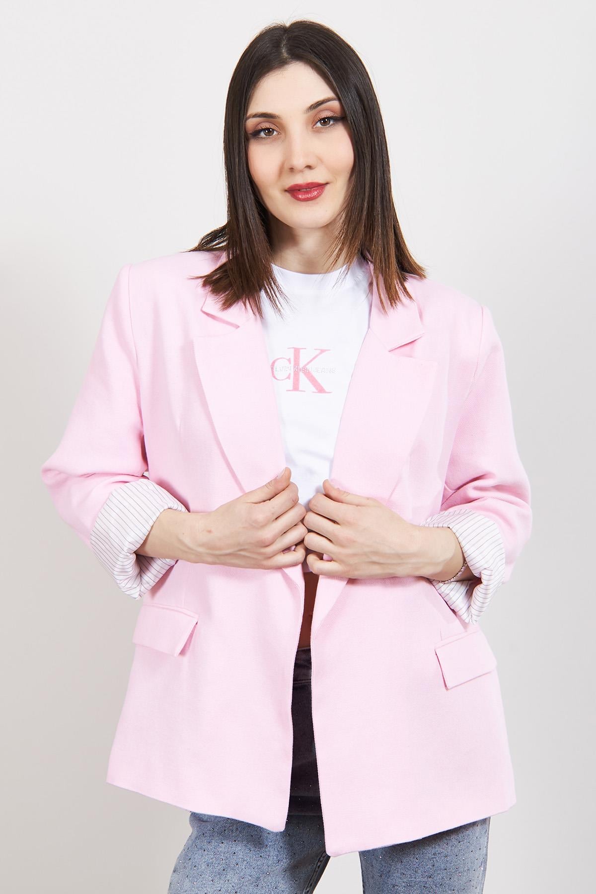 Pembe Çizgili Astarlı Keten Ceket