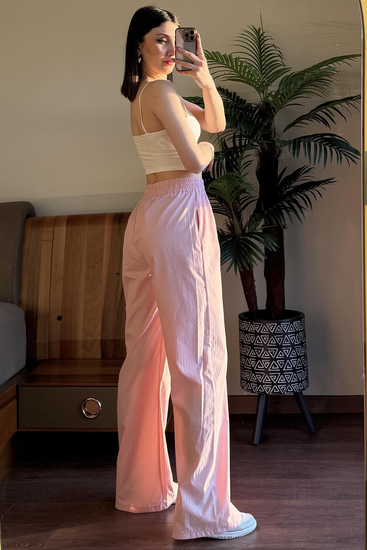 Pembe Çizgili Beli Lastikli Pantolon