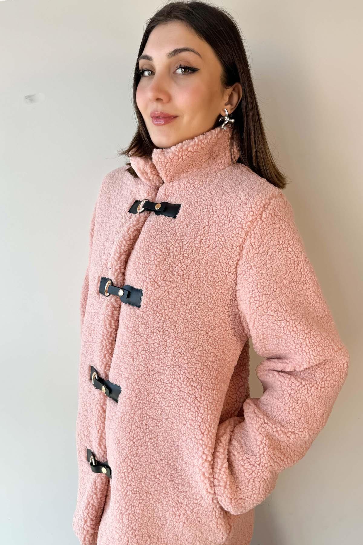 Pembe Deri Detaylı Astarlı Teddy Mont