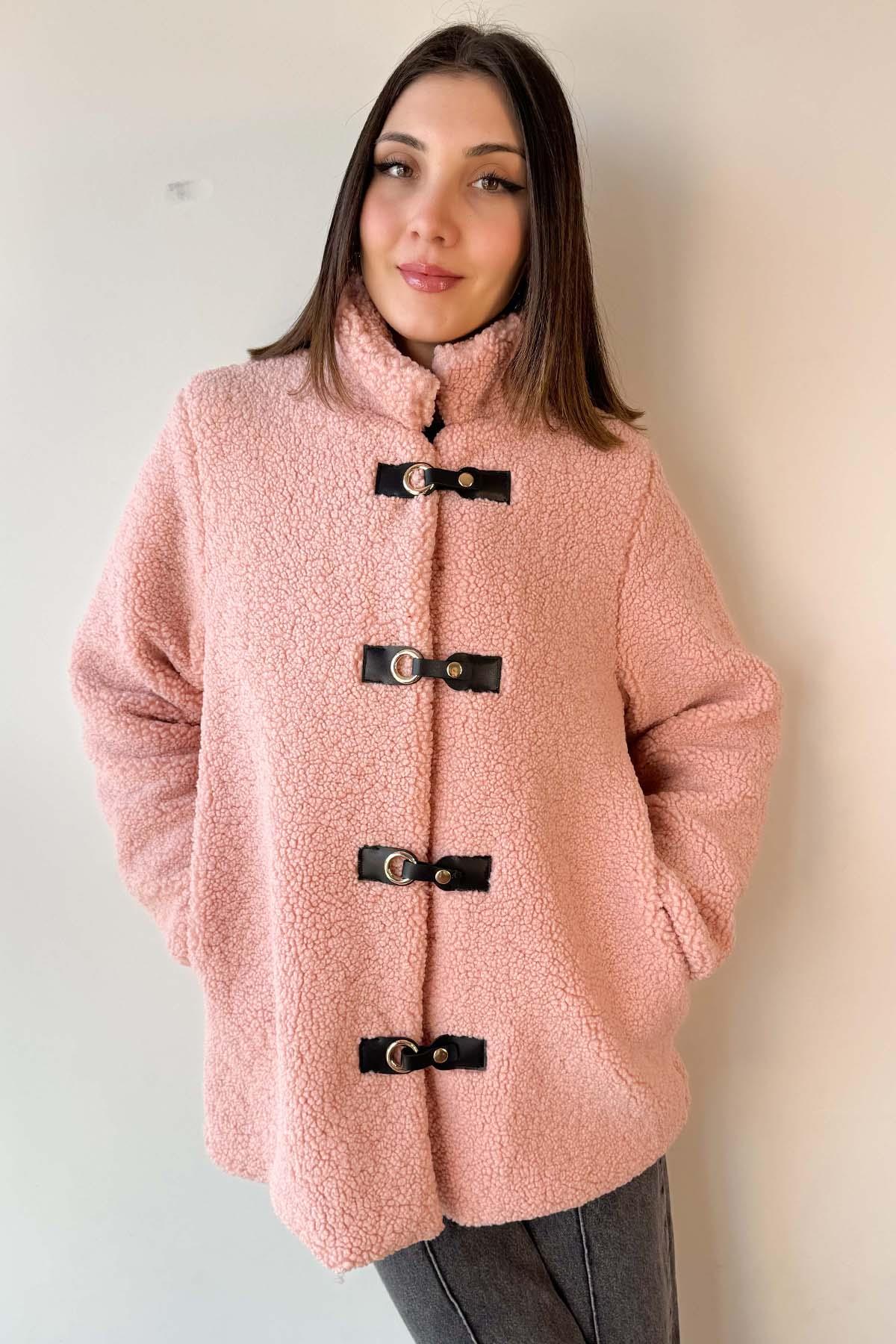 Pembe Deri Detaylı Astarlı Teddy Mont