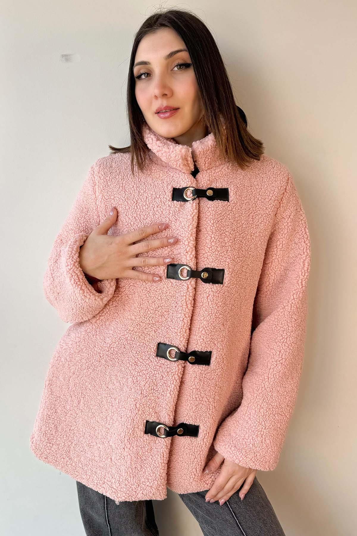 Pembe Deri Detaylı Astarlı Teddy Mont