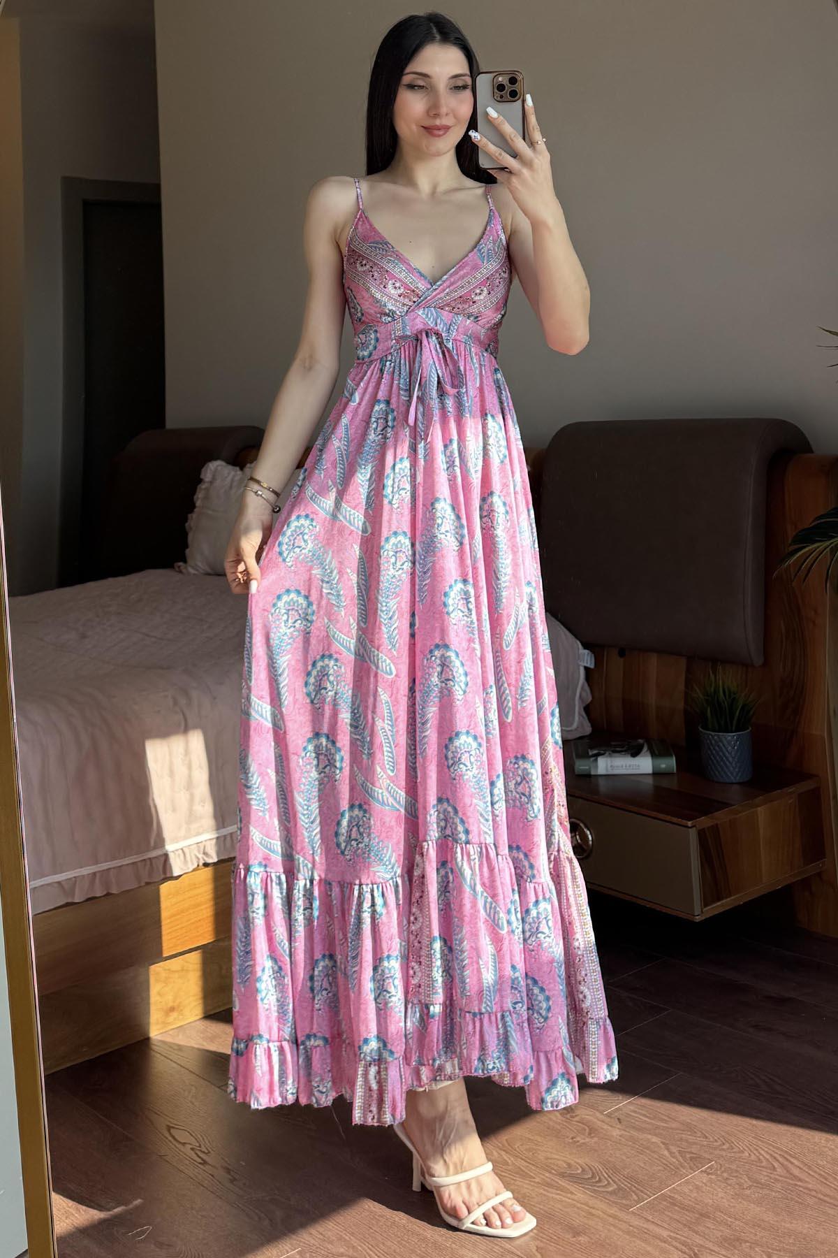 Pembe Desenli İp Askılı Elbise