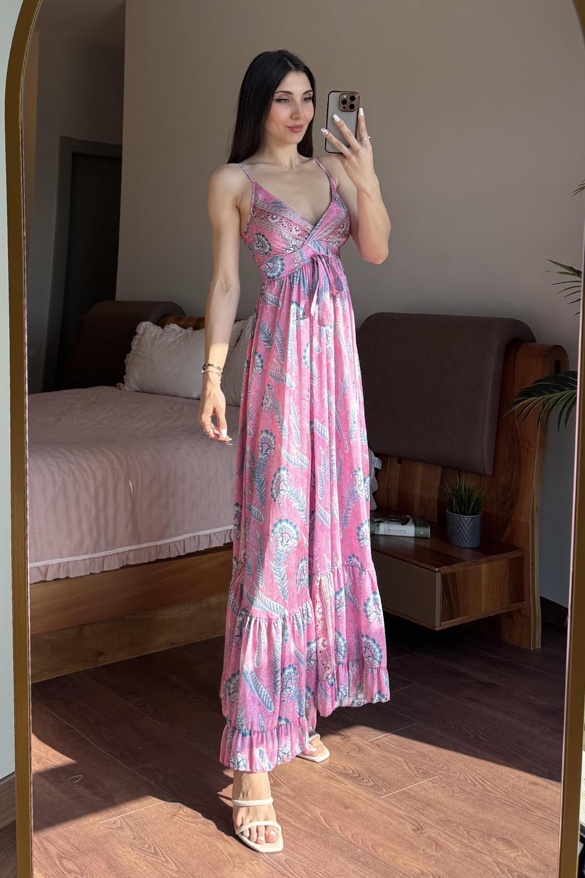 Pembe Desenli İp Askılı Elbise