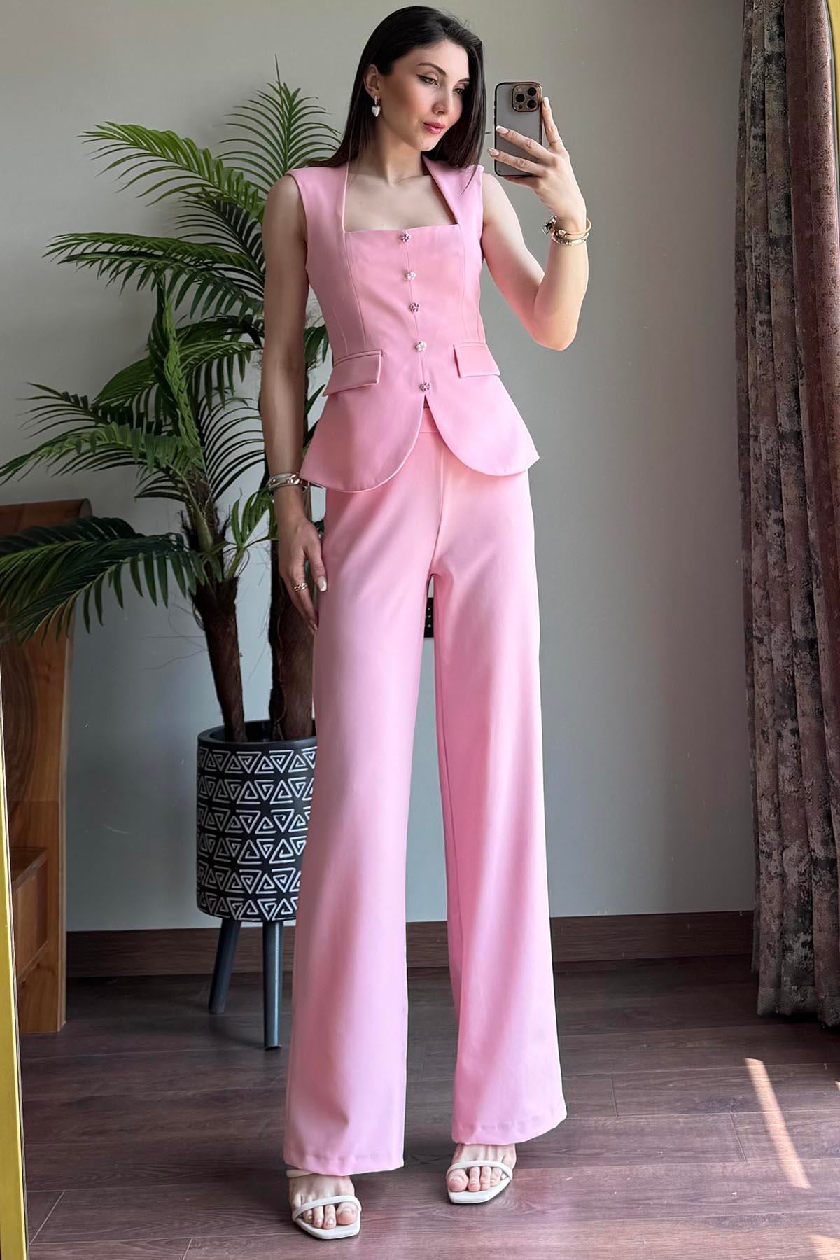 Pembe Dikdörtgen Yakalı İnci Düğmeli Yelek Pantolon Takım