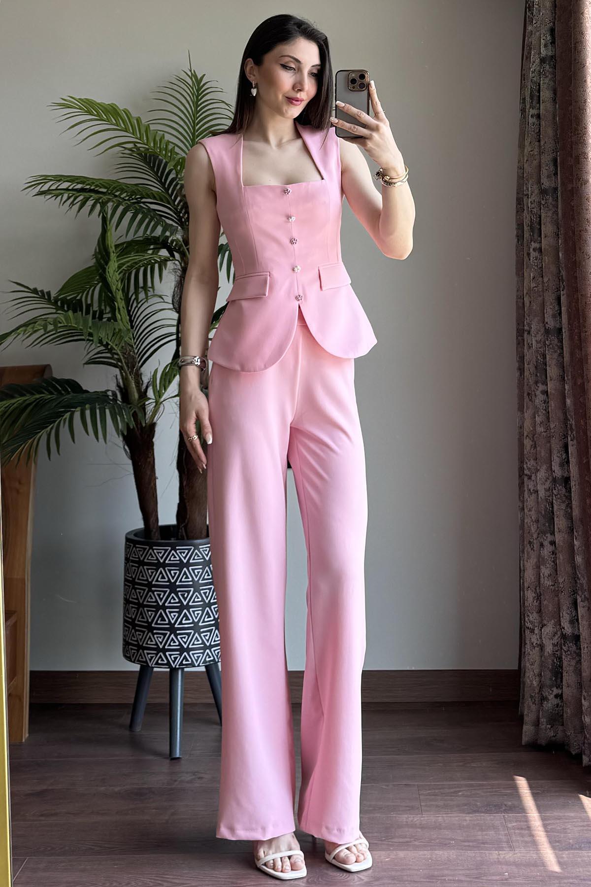 Pembe Dikdörtgen Yakalı İnci Düğmeli Yelek Pantolon Takım