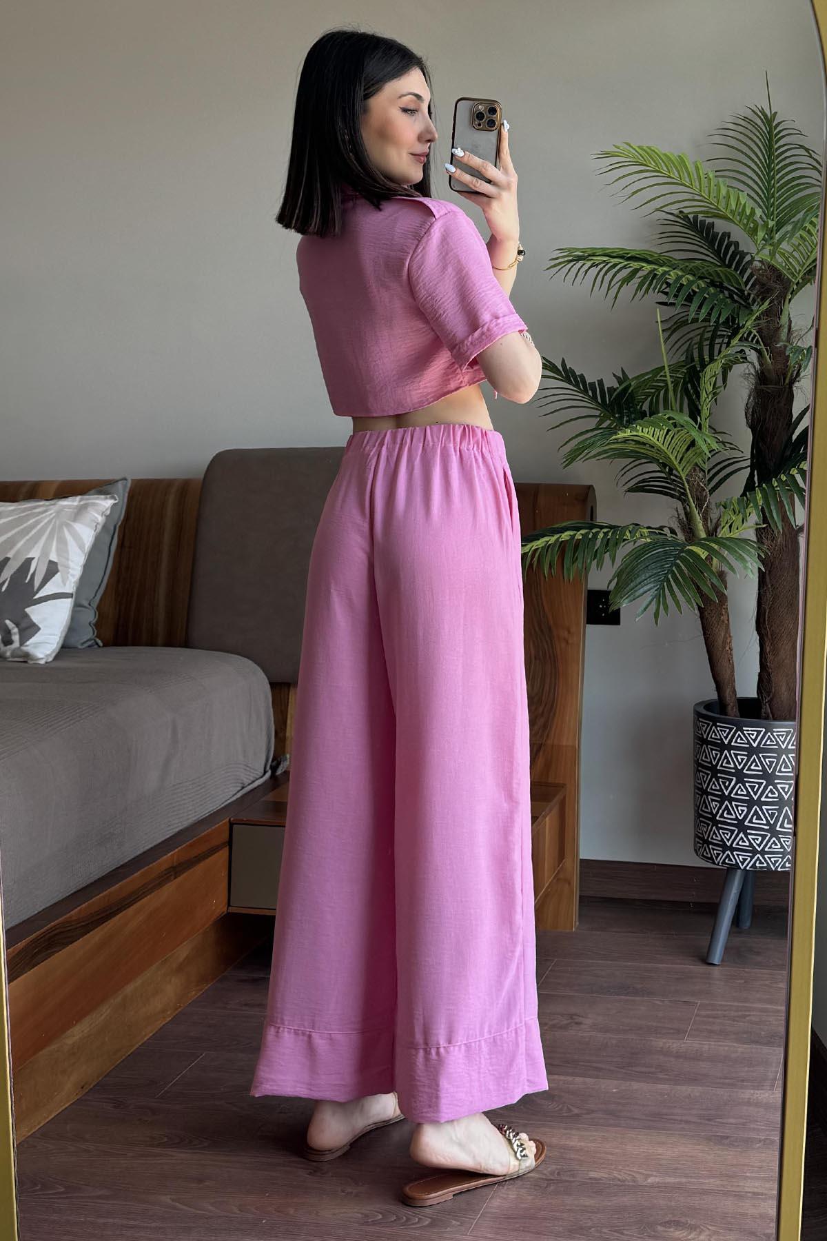 Pembe Döküm Cep Detaylı Pera Keten Gömlek Pantolon Takım