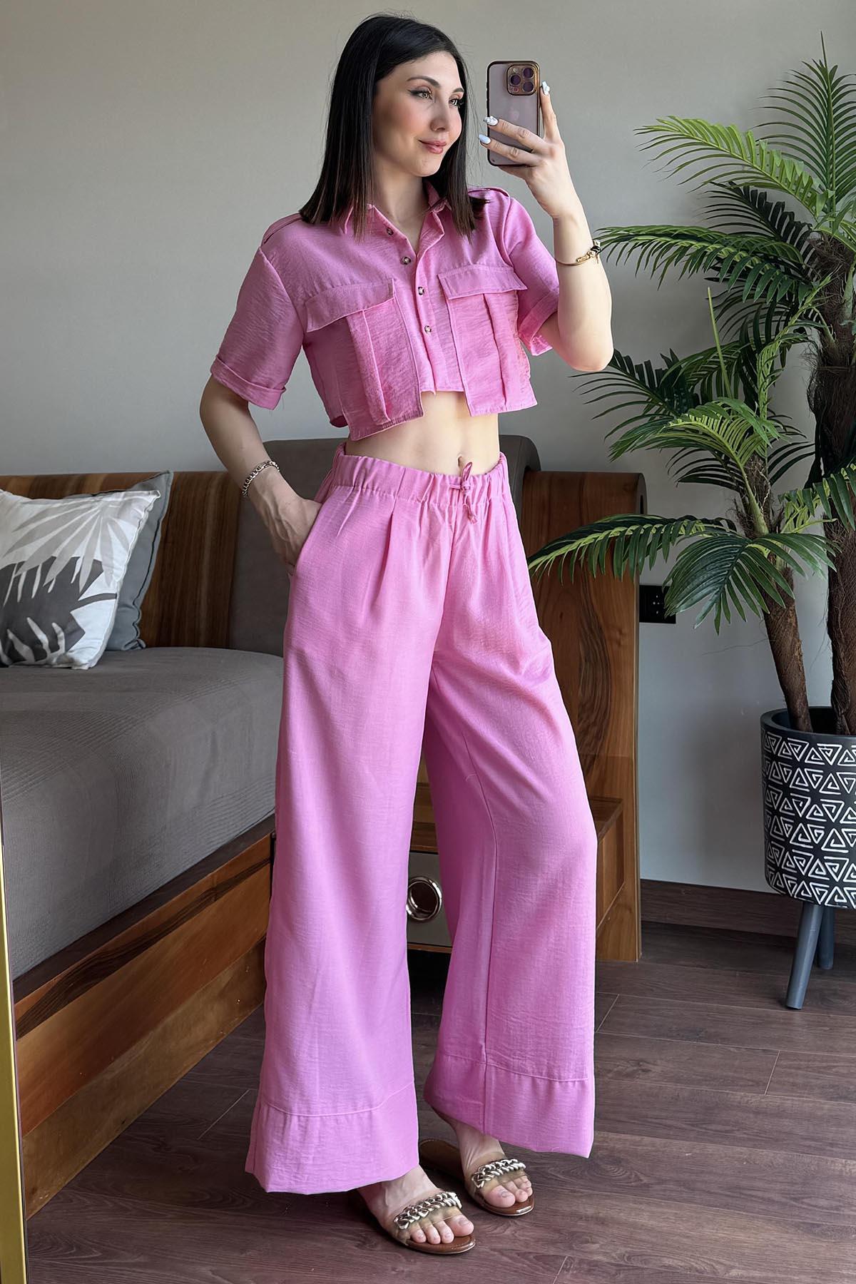 Pembe Döküm Cep Detaylı Pera Keten Gömlek Pantolon Takım