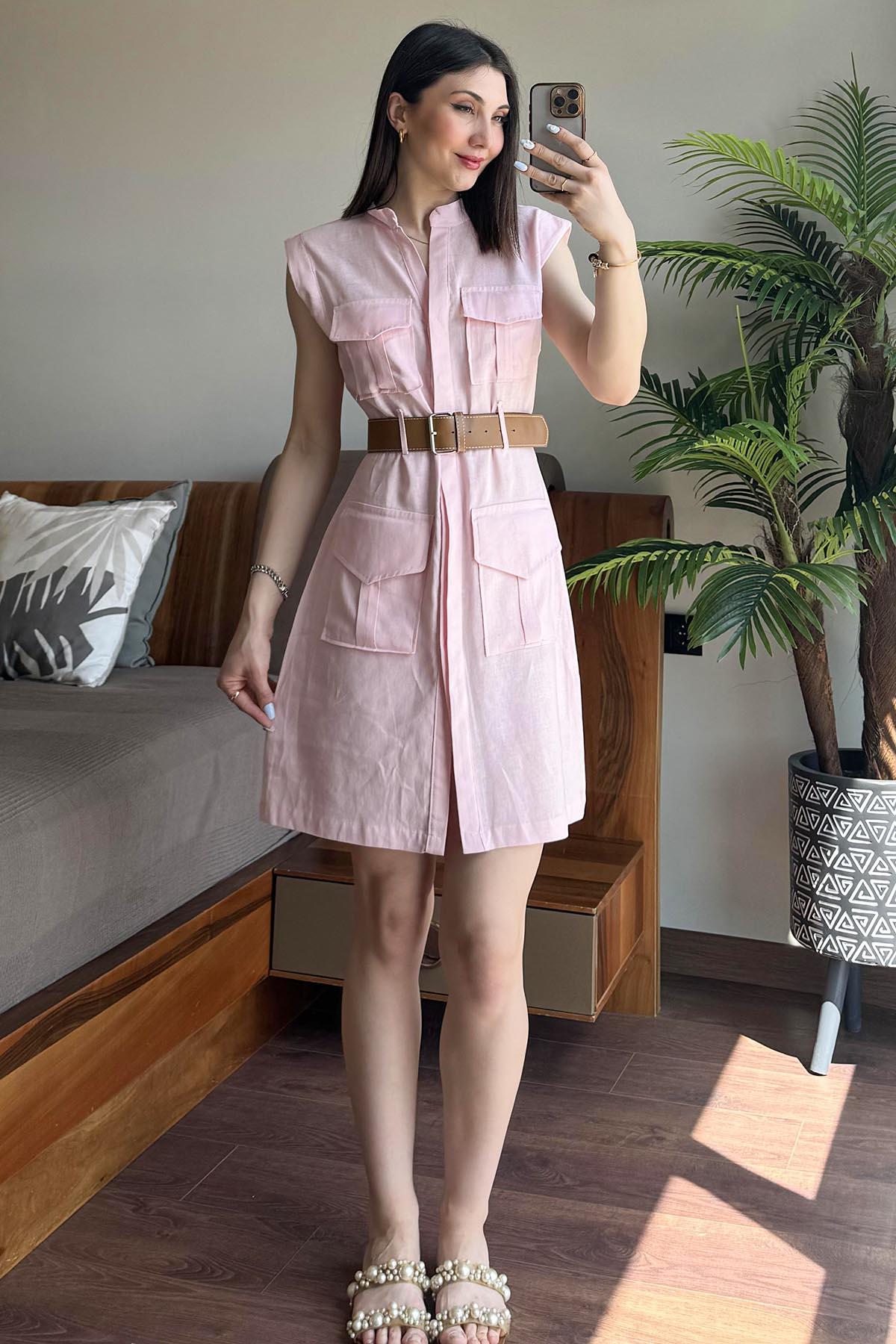 Pembe Dört Cep Detay Kemerli Keten Elbise