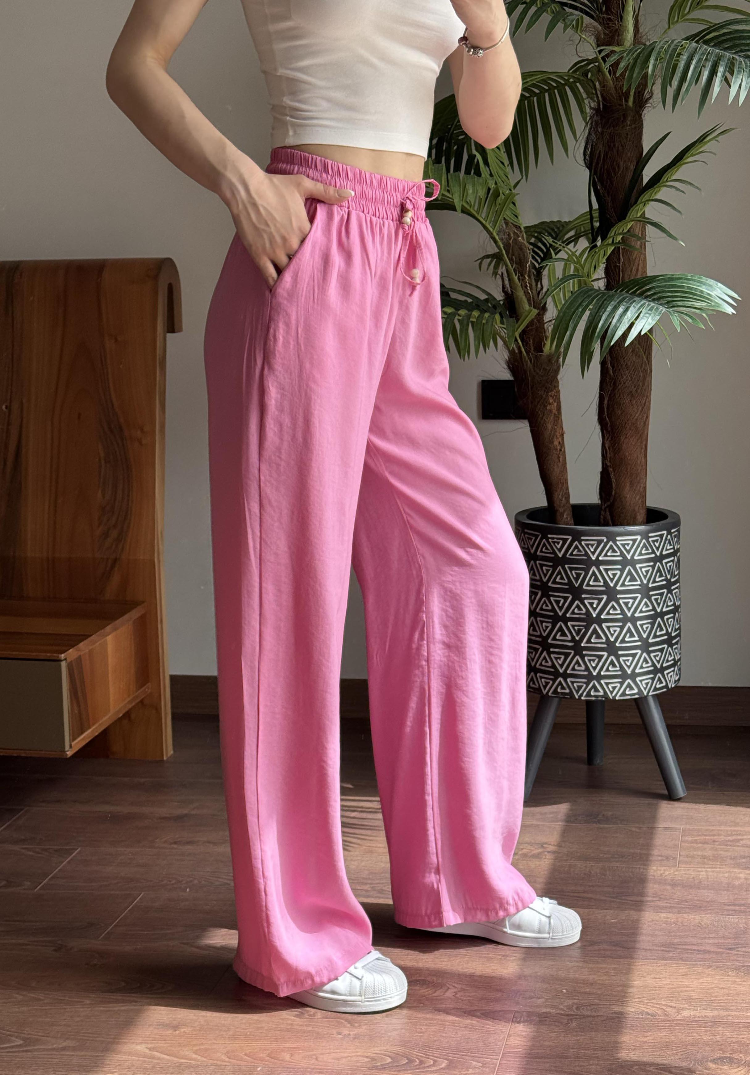 Pembe Elastik Belli İpi Tahta Boncuk Detaylı Pantolon
