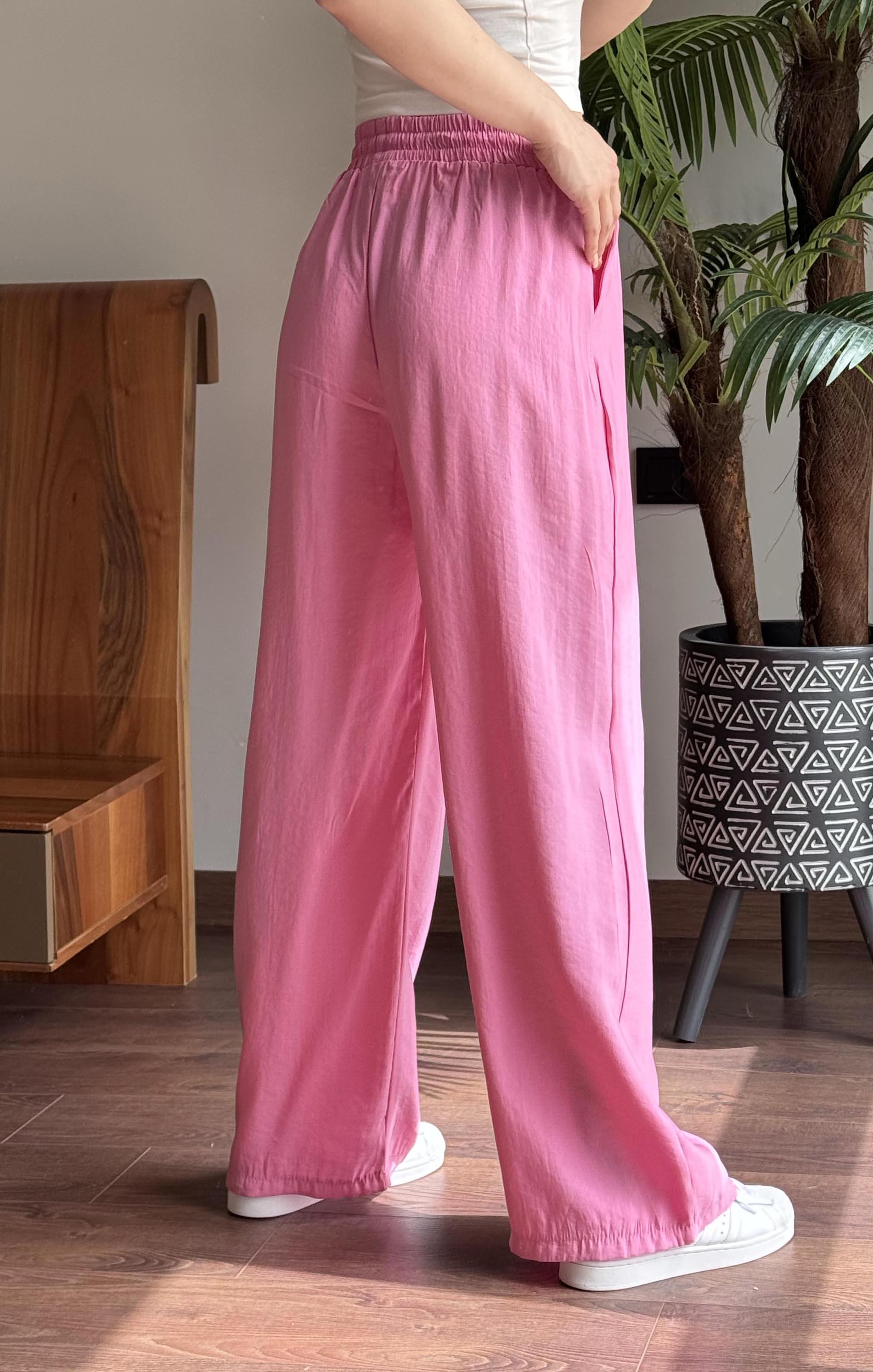 Pembe Elastik Belli İpi Tahta Boncuk Detaylı Pantolon