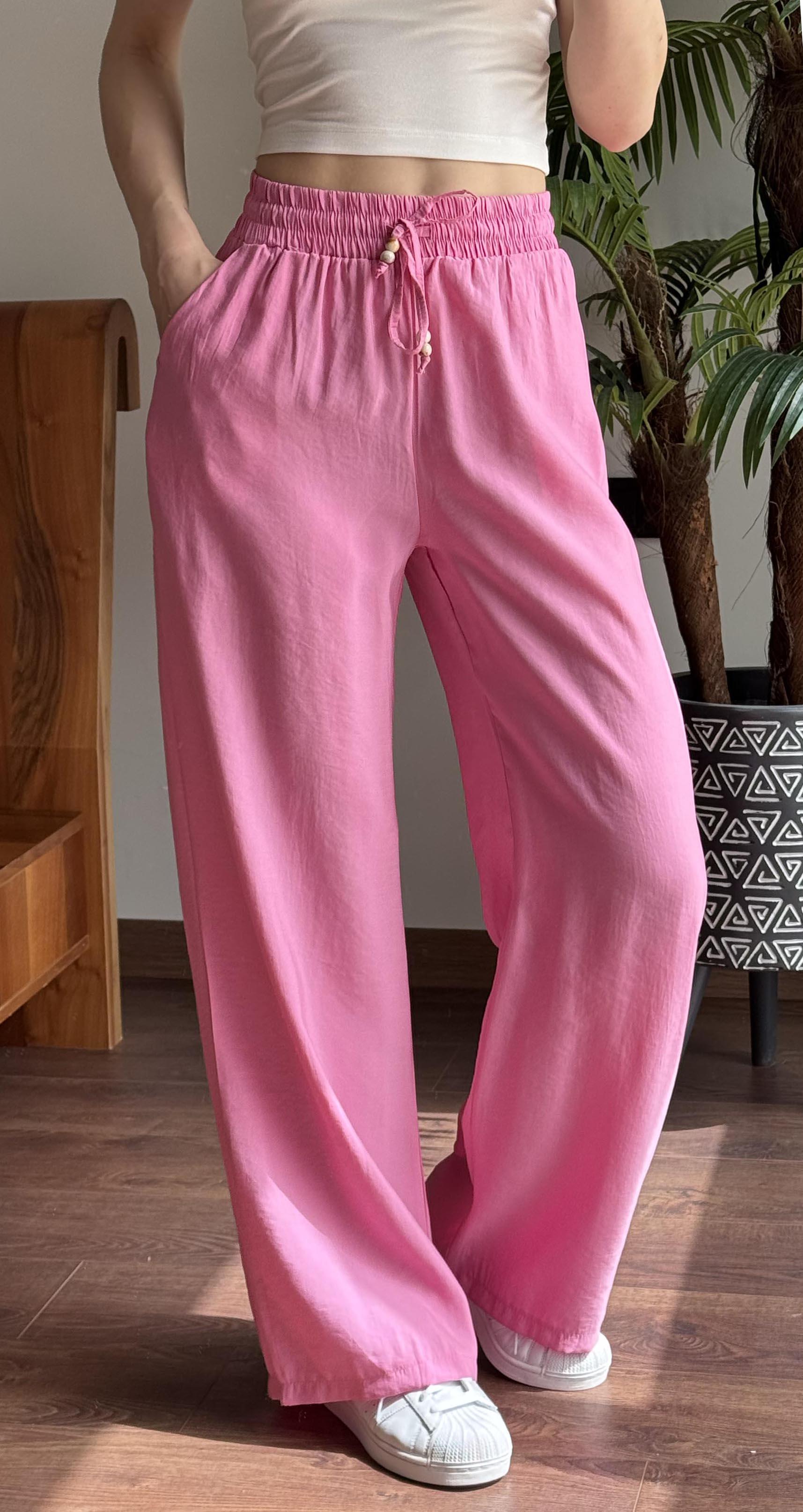 Pembe Elastik Belli İpi Tahta Boncuk Detaylı Pantolon