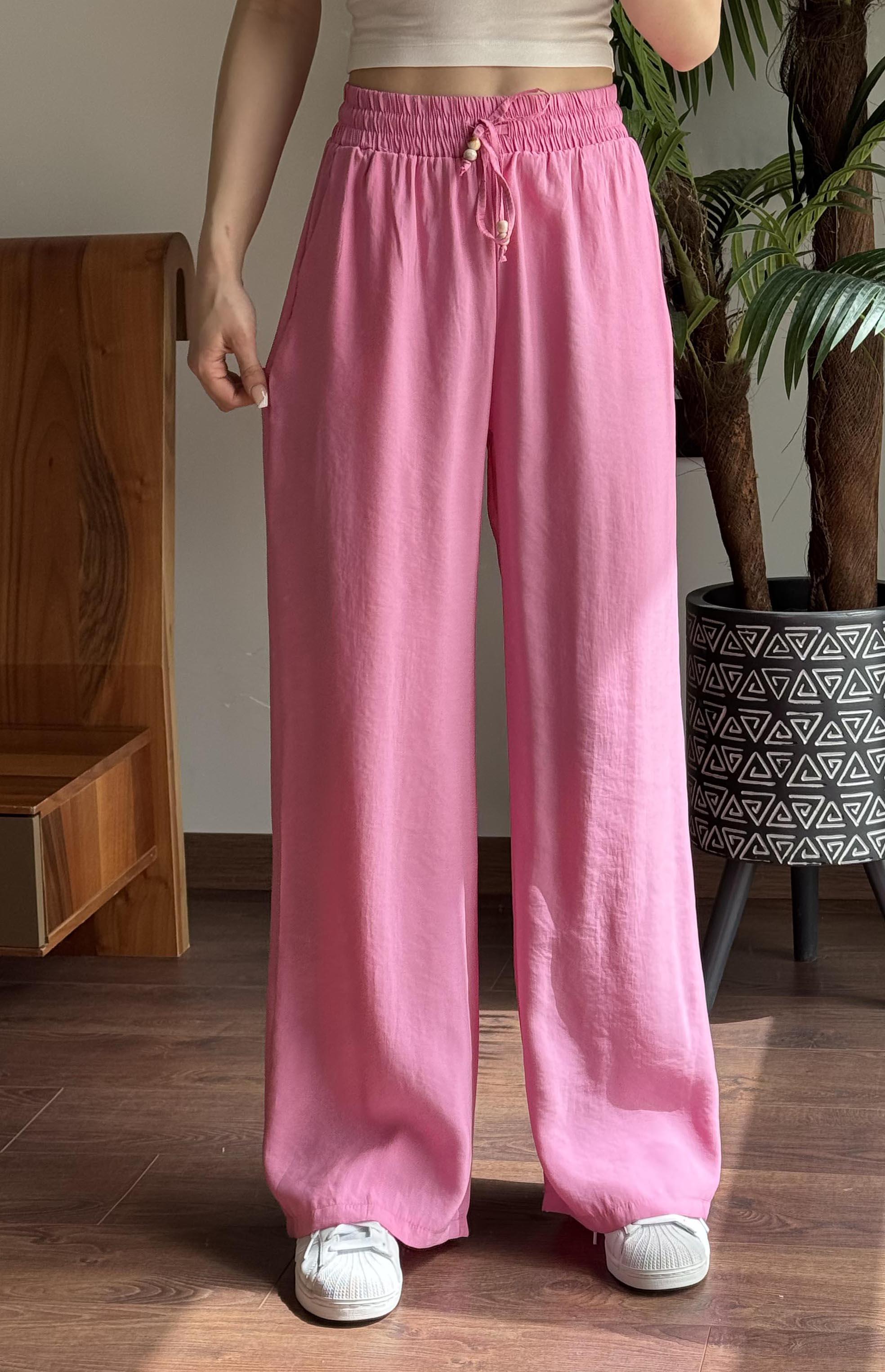 Pembe Elastik Belli İpi Tahta Boncuk Detaylı Pantolon