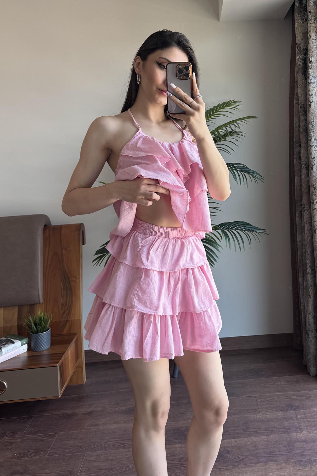 Pembe Fırfırlı Keten Etek
