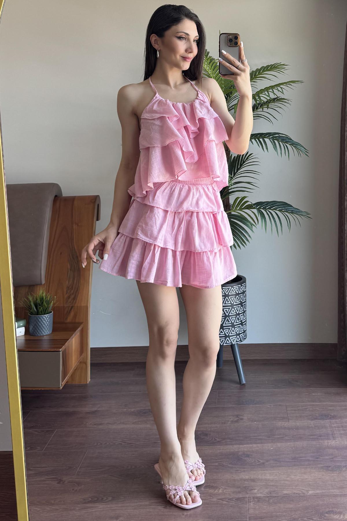 Pembe Fırfırlı Keten Etek