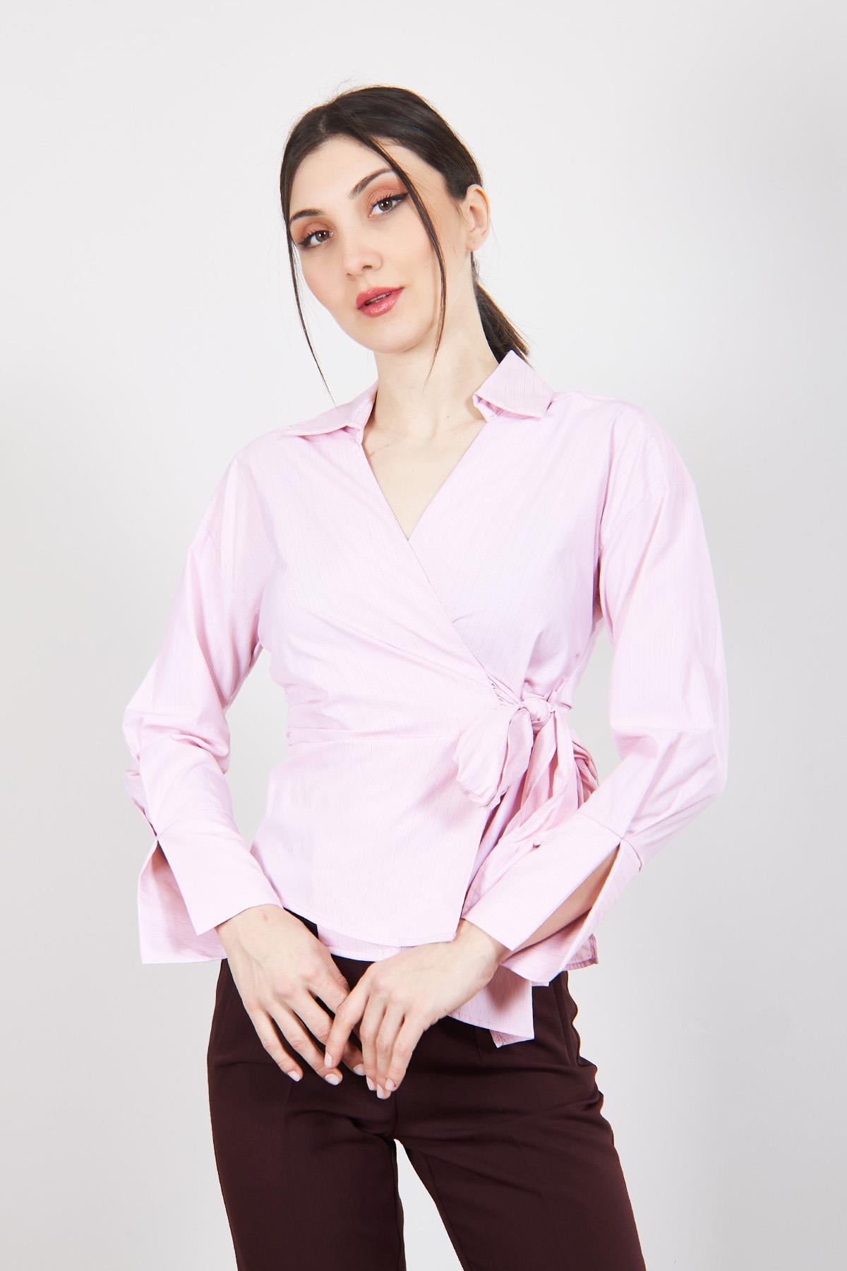 Pembe Gömlek Görünümlü Çizgili Bluz