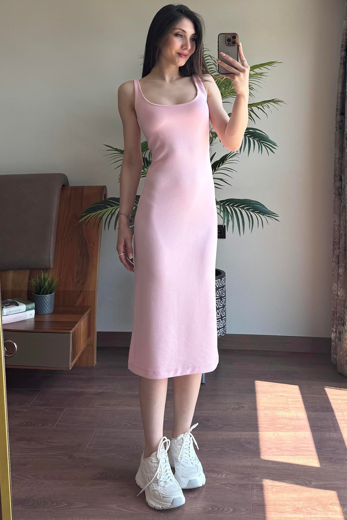 Pembe Kalın Askılı Astarlı Elbise