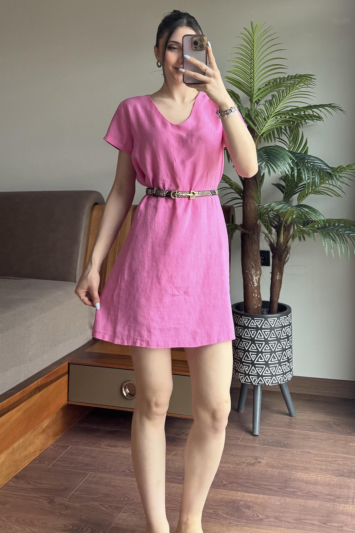Pembe Keten Elbise
