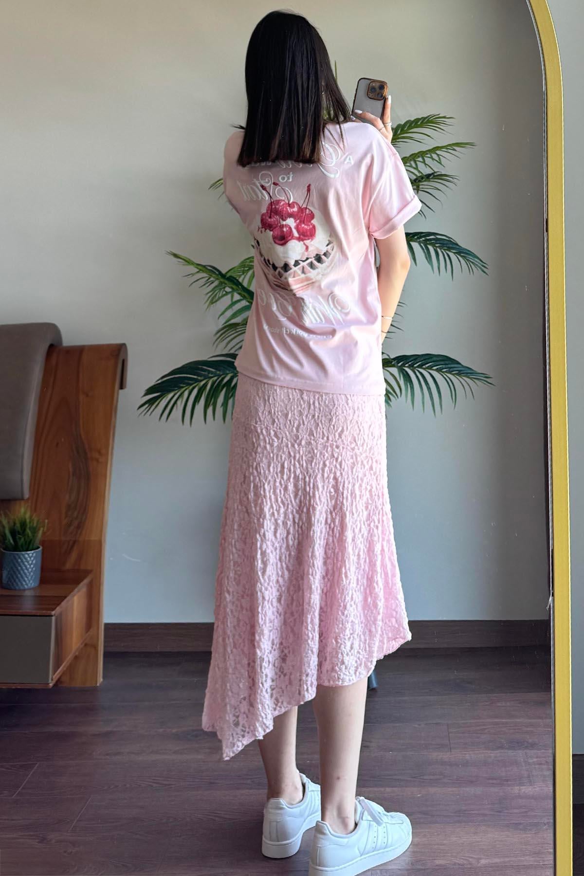 Pembe Kiraz Baskılı T Shirt