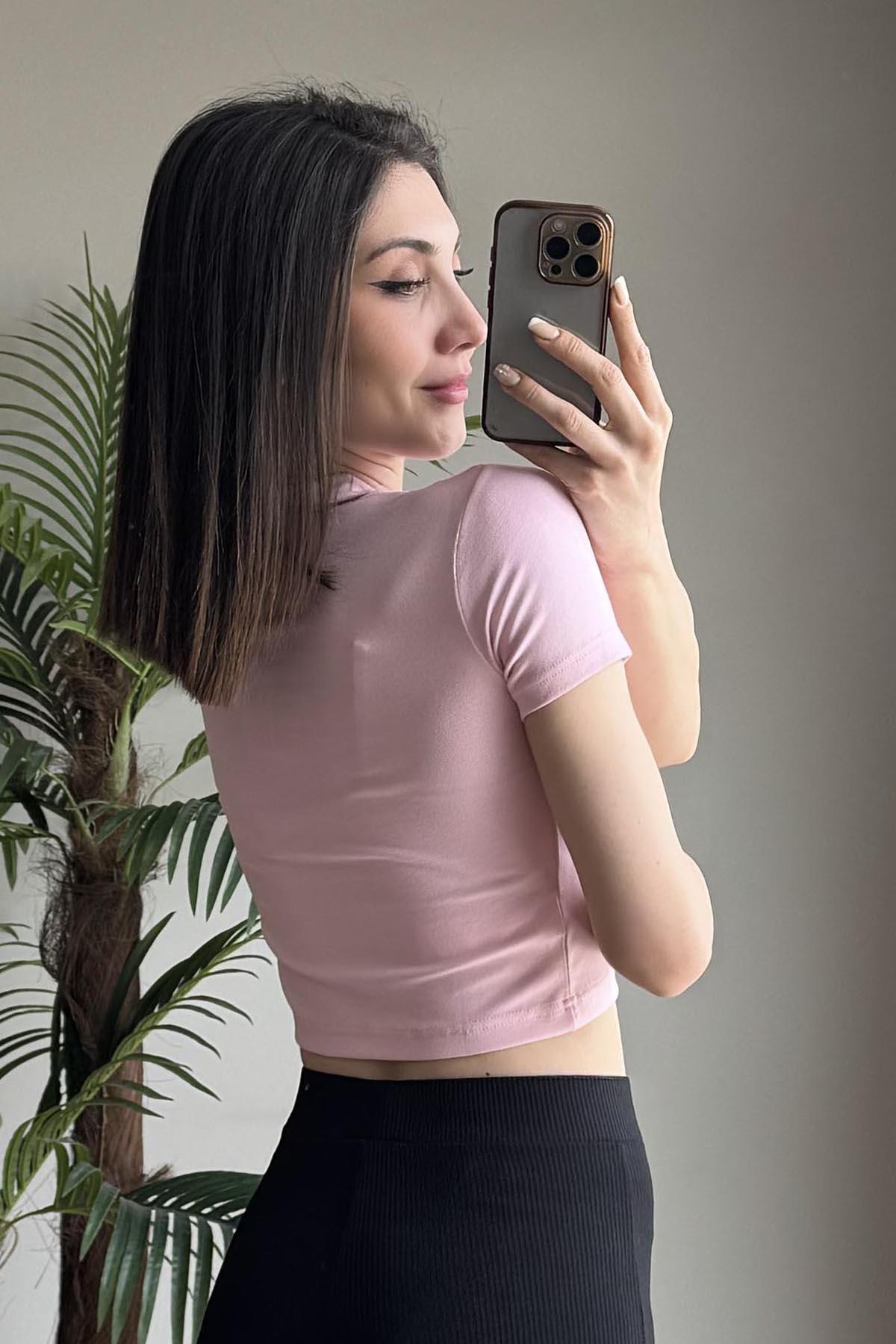 Pembe Kiraz Nakışlı Soft Touch Modal Kısakollu T Shirt