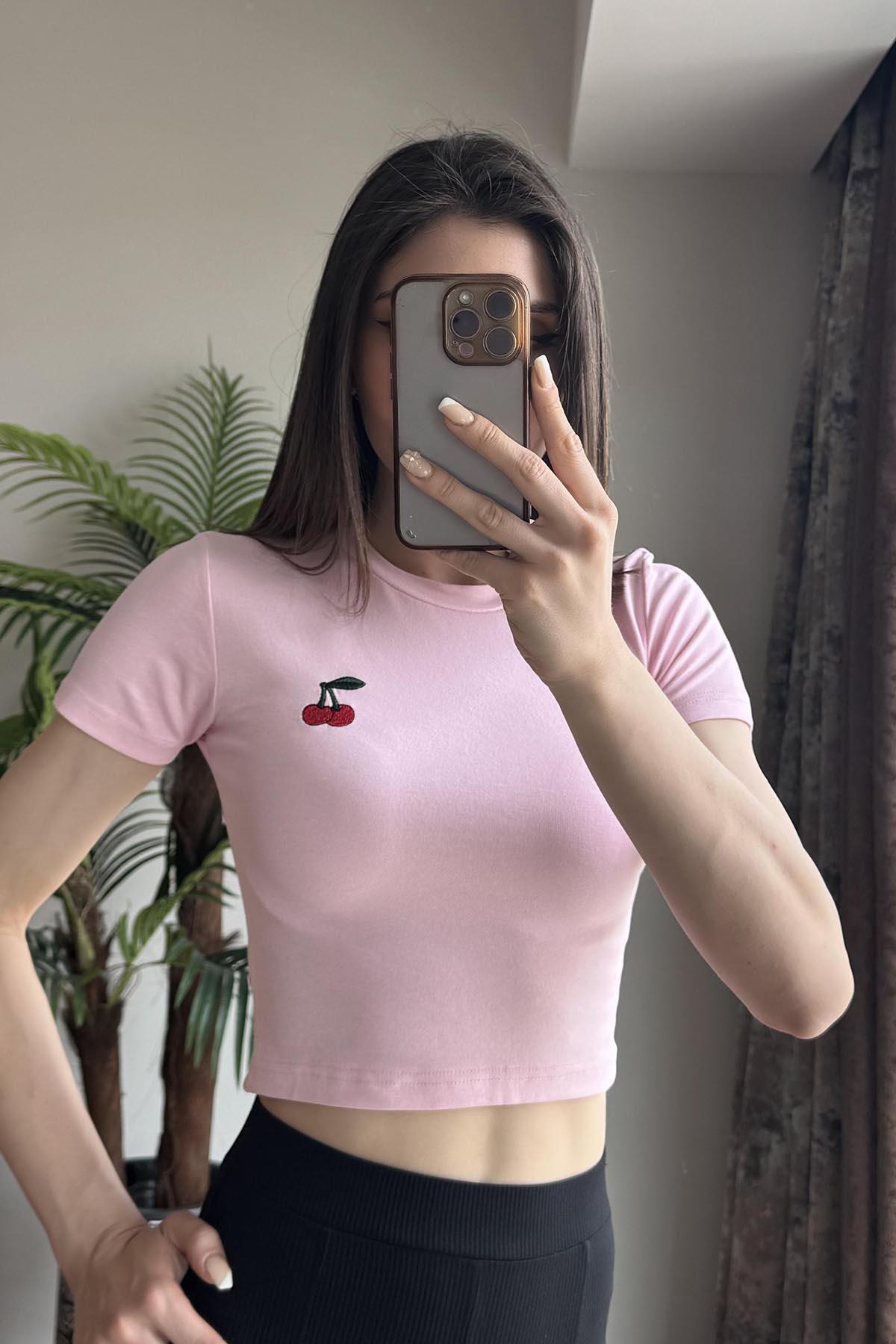 Pembe Kiraz Nakışlı Soft Touch Modal Kısakollu T Shirt