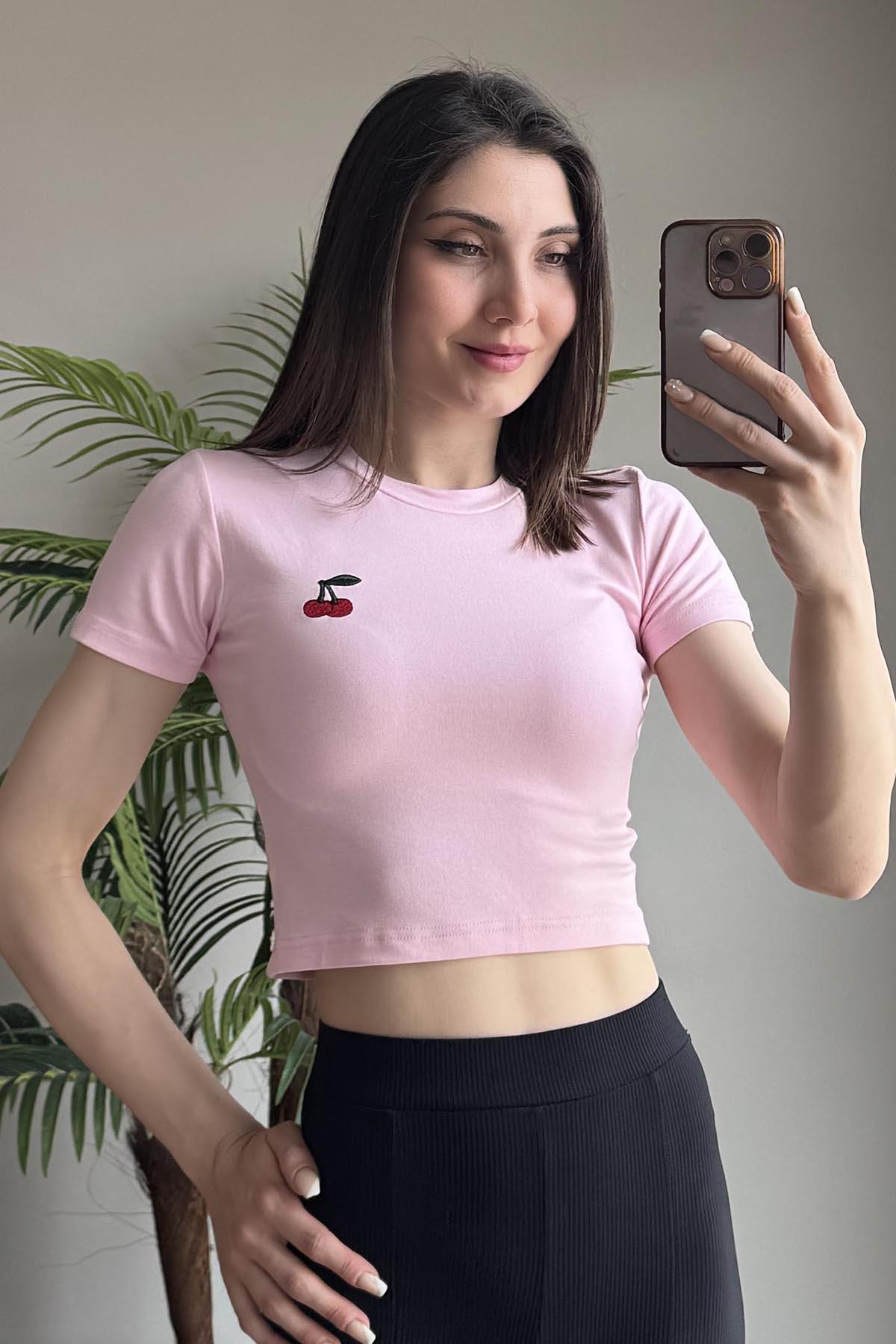 Pembe Kiraz Nakışlı Soft Touch Modal Kısakollu T Shirt