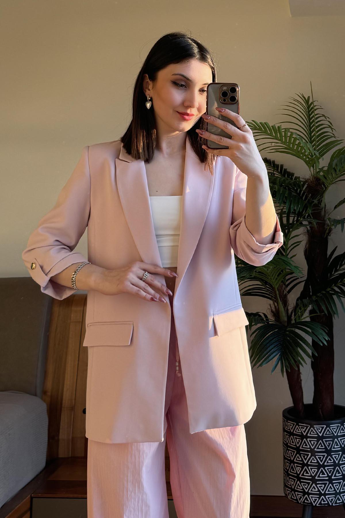 Pembe Kol Katlamalı Blazer Ceket