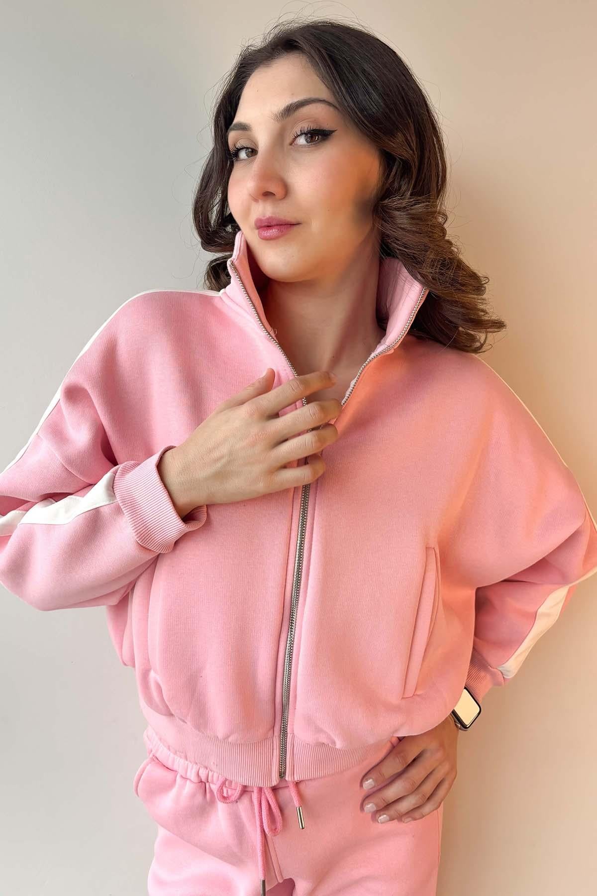 Pembe Kol Şeritli Fermuarlı Üç İplik Sweatshirt