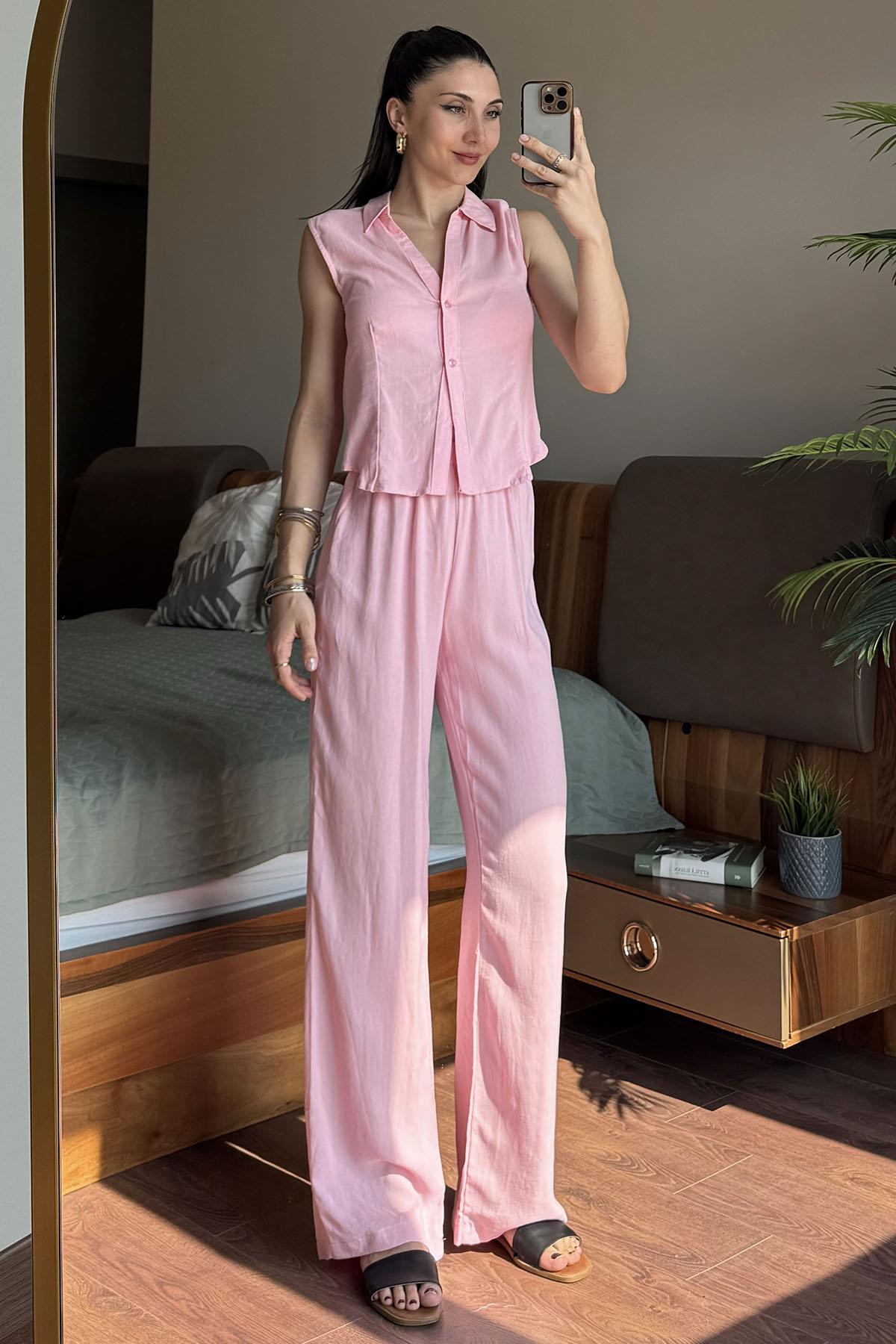 Pembe Kolsuz Gömlek Pantolon Takım