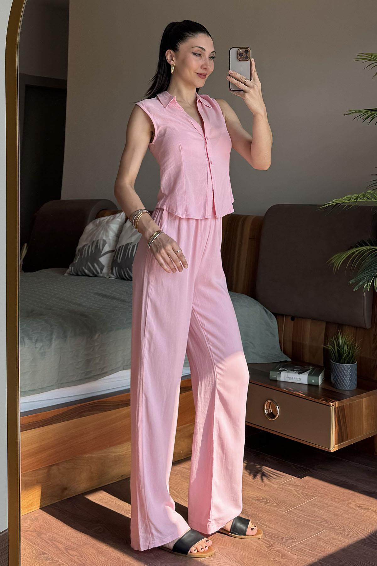 Pembe Kolsuz Gömlek Pantolon Takım