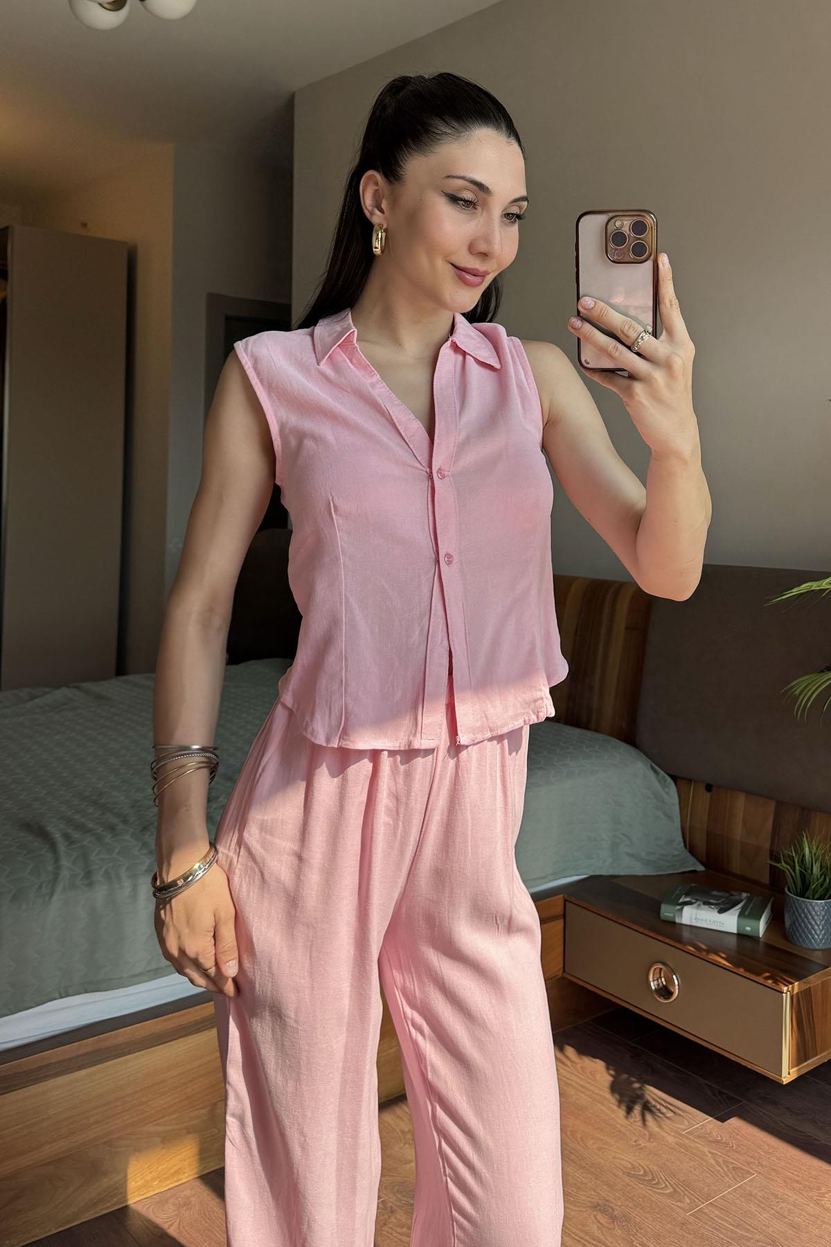 Pembe Kolsuz Gömlek Pantolon Takım