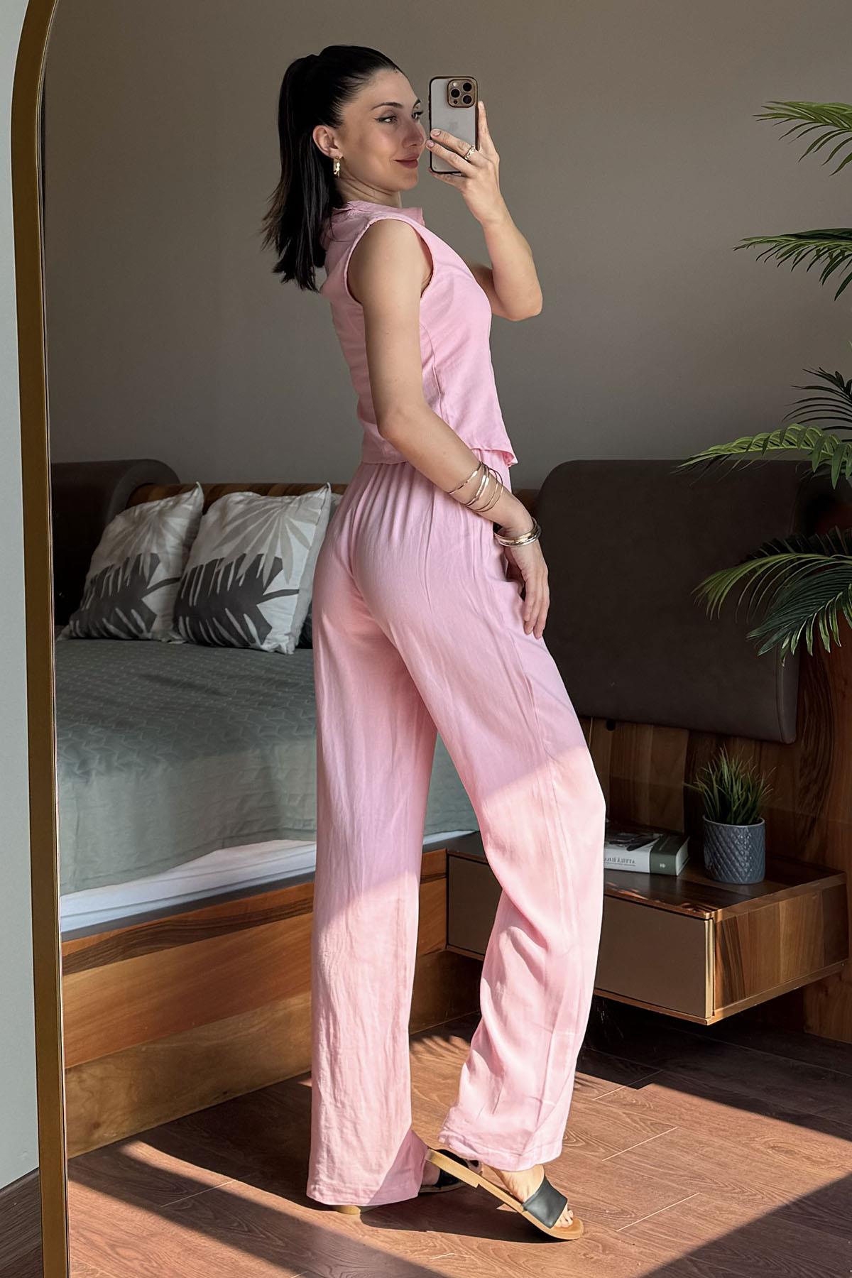 Pembe Kolsuz Gömlek Pantolon Takım