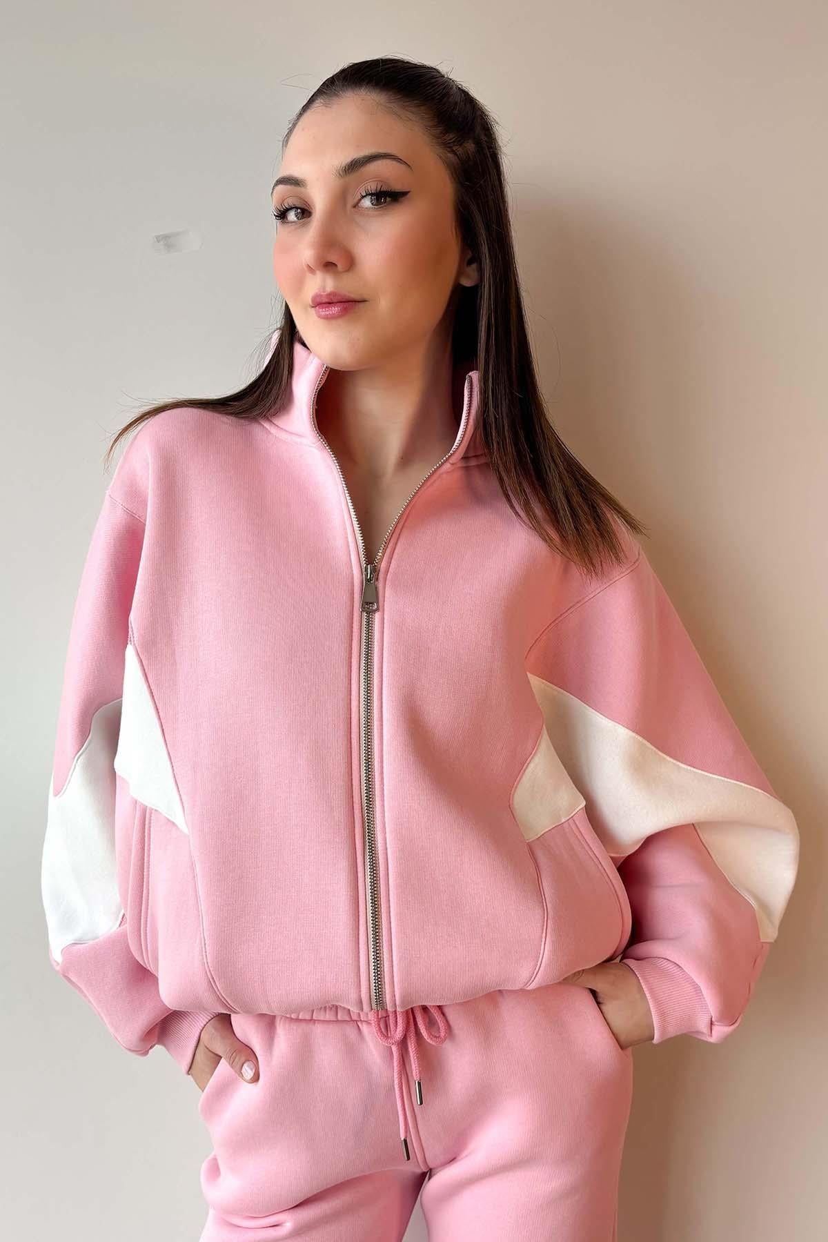 Pembe Kolu Parça Detaylı Üç İplik Şardonlu Fermuarlı Sweatshirt