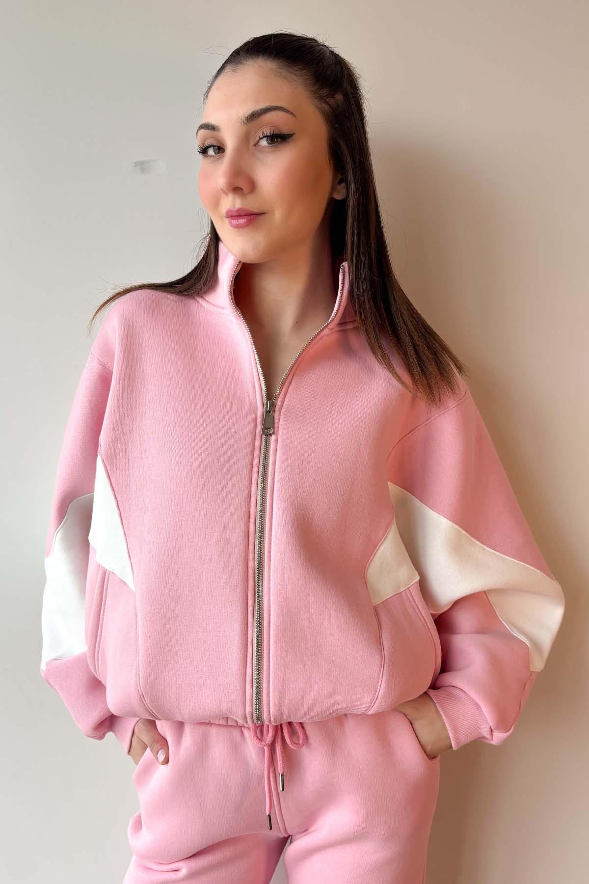 Pembe Kolu Parça Detaylı Üç İplik Şardonlu Fermuarlı Sweatshirt