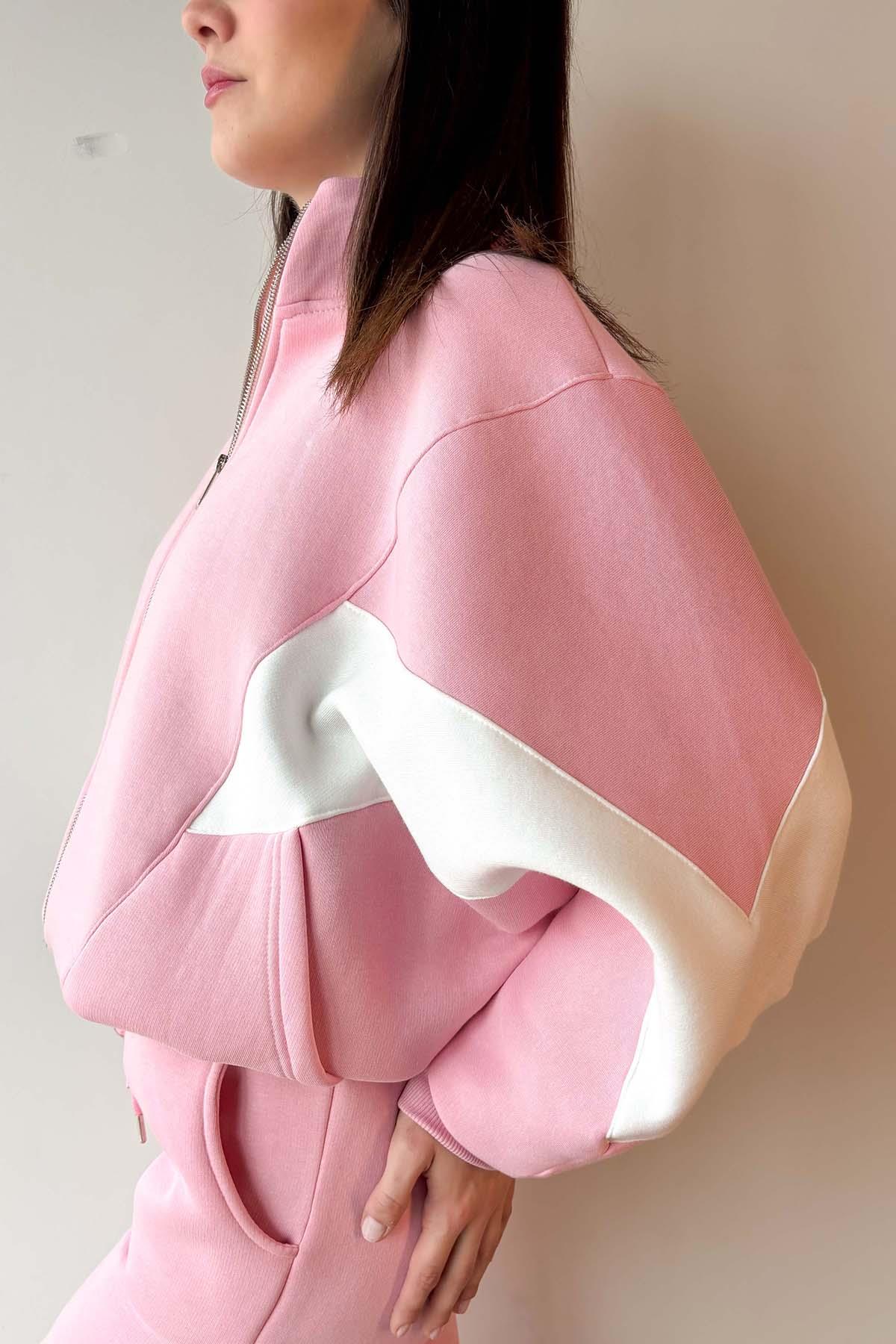 Pembe Kolu Parça Detaylı Üç İplik Şardonlu Fermuarlı Sweatshirt