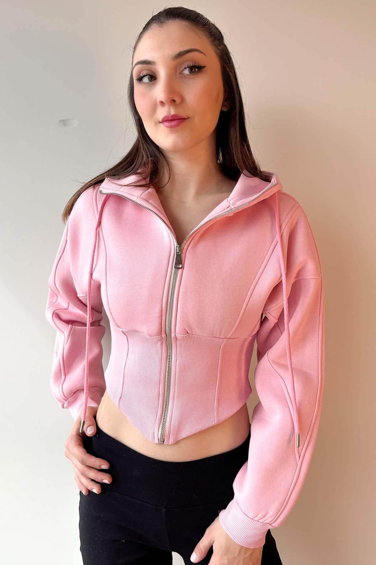 Pembe Korse Görünümlü Fermuarlı Sweatshirt