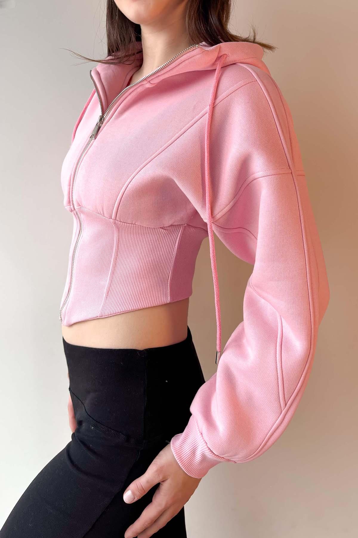Pembe Korse Görünümlü Fermuarlı Sweatshirt