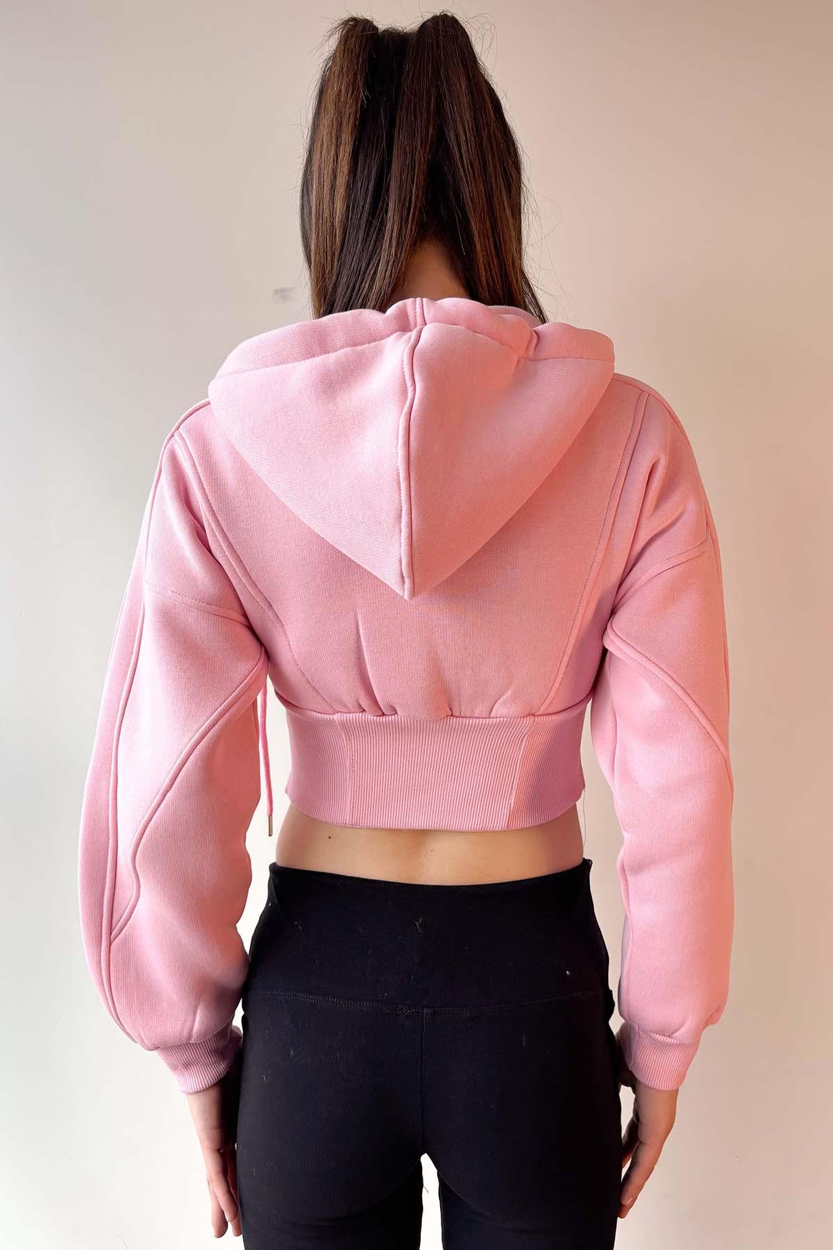Pembe Korse Görünümlü Fermuarlı Sweatshirt