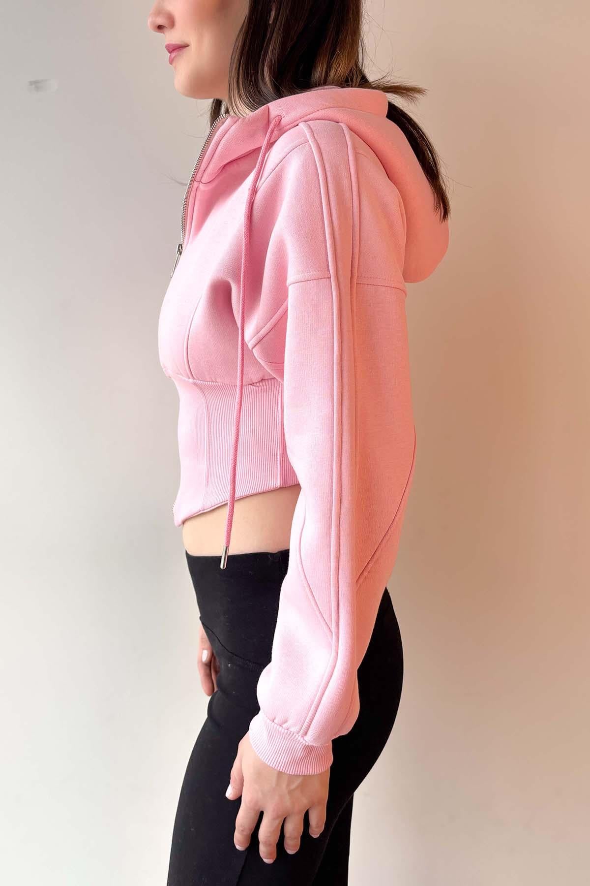Pembe Korse Görünümlü Fermuarlı Sweatshirt