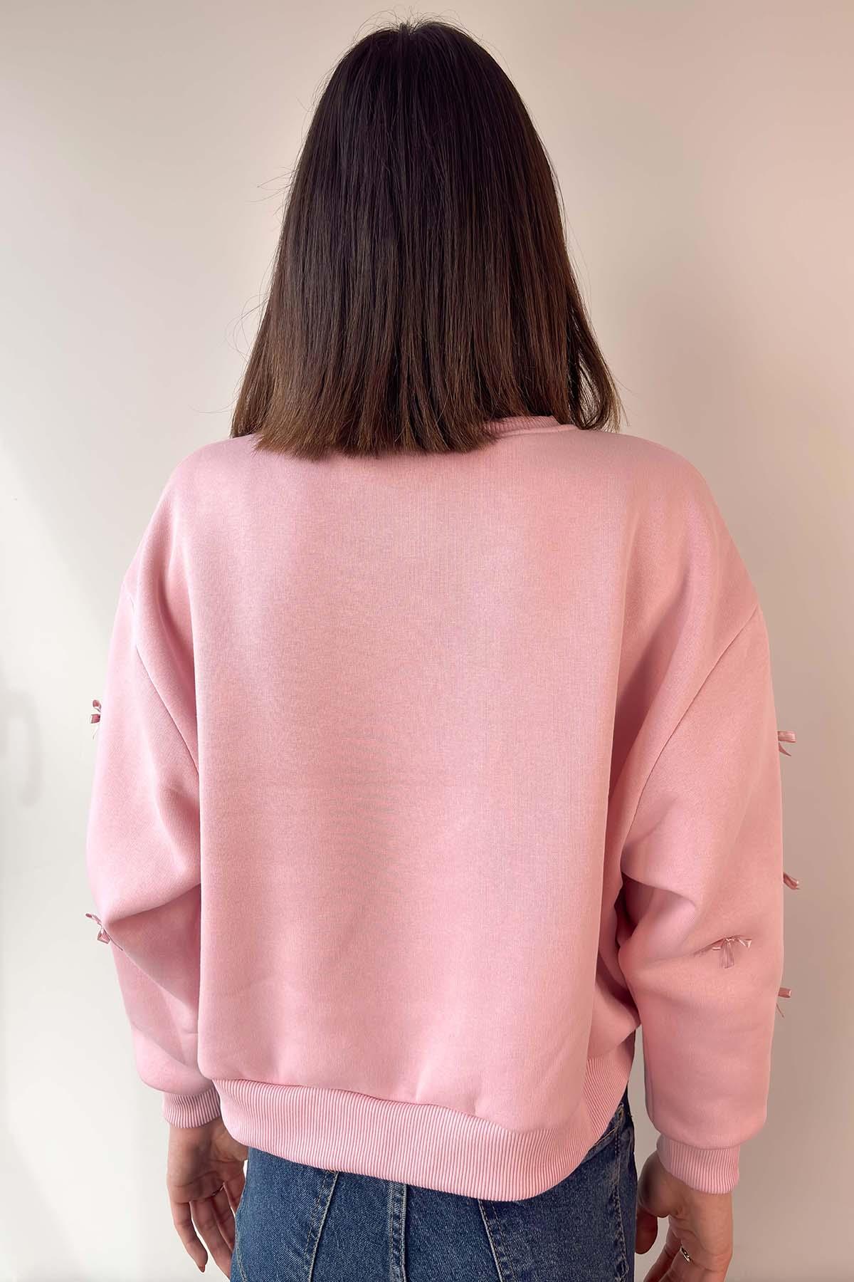 Pembe Kurdele Detaylı Pinterest Crop Sweatshirt