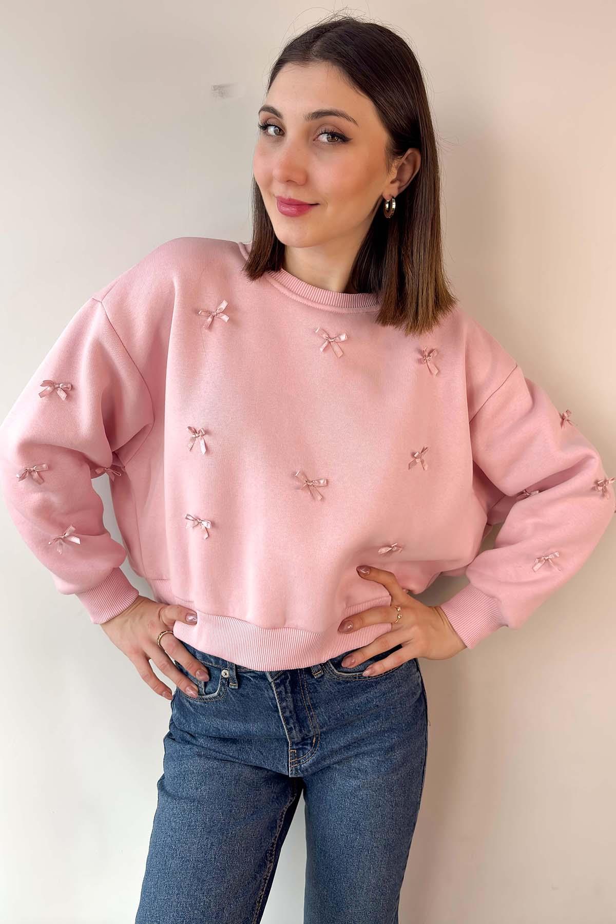 Pembe Kurdele Detaylı Pinterest Crop Sweatshirt
